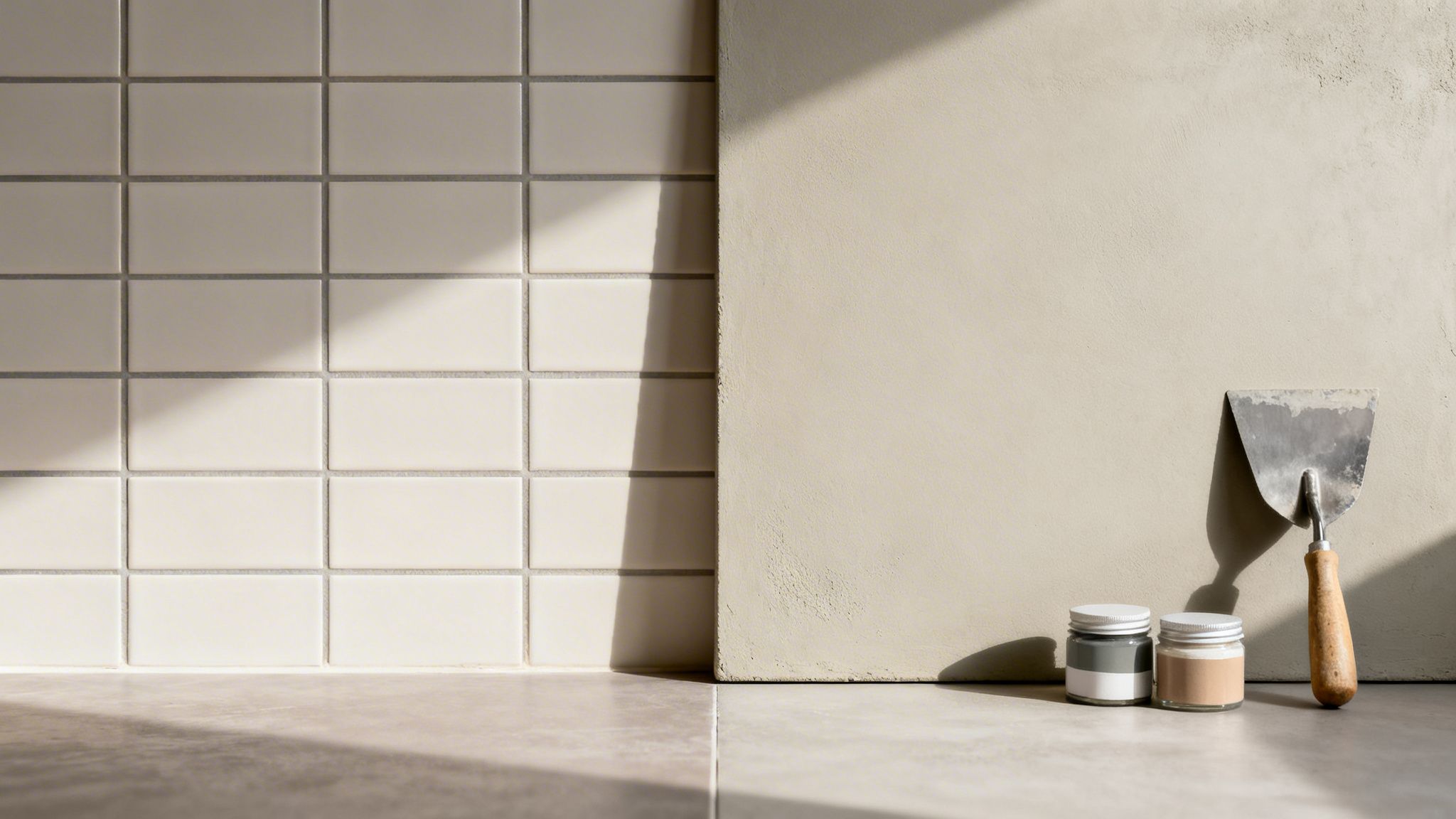 Nærbillede af badeværelsesmaterialer med hvide fliser, beige væg, malingprøver og murske i sollys.