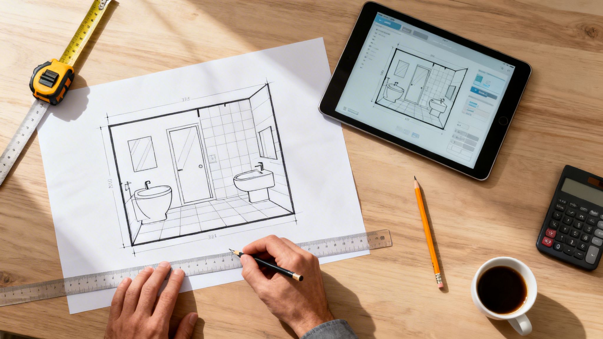 En person tegner et badeværelsesdesign på papir, suppleret af et digitalt design på en tablet.