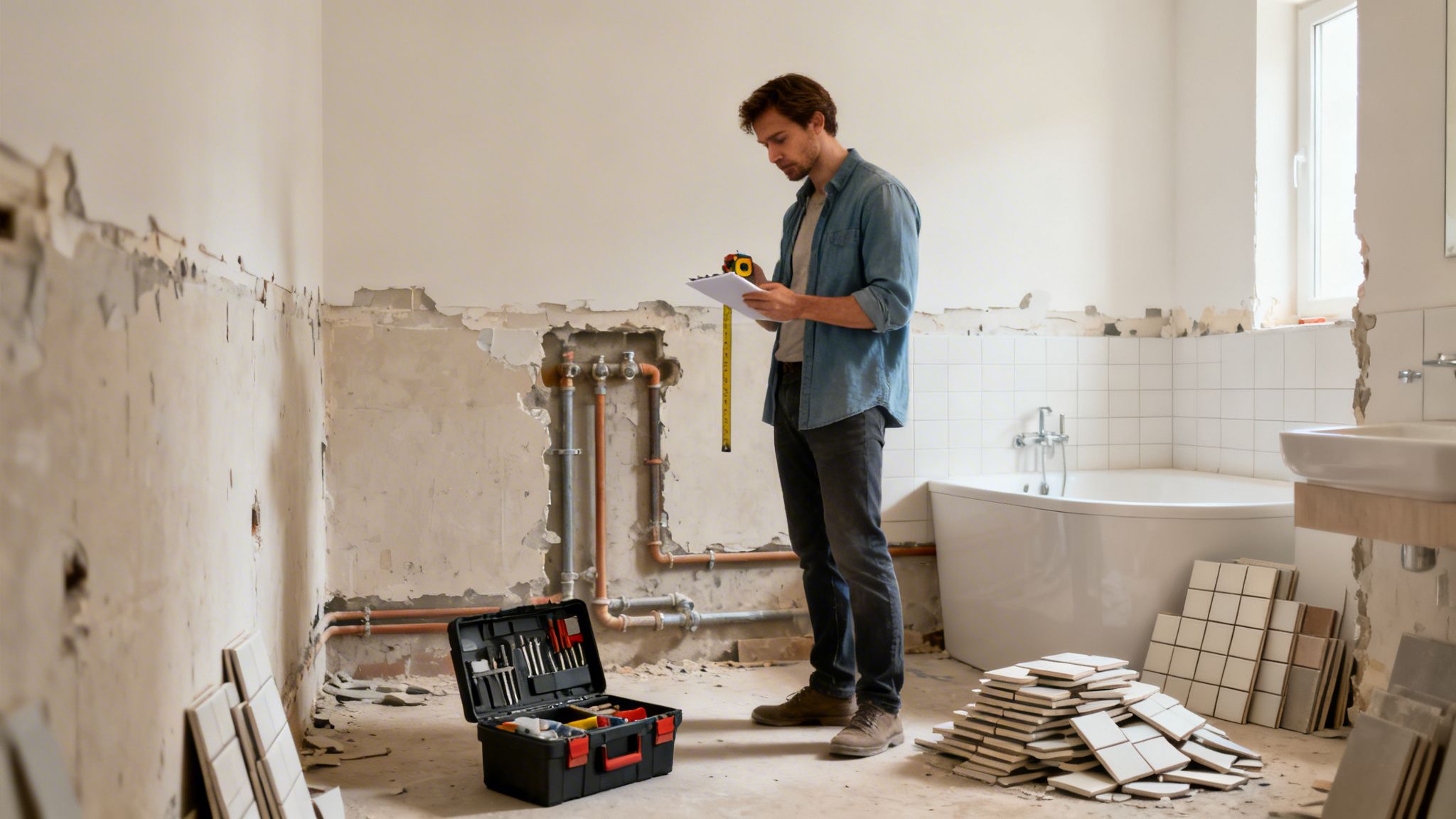 Mand inspicerer et badeværelse under renovering med målebånd, værktøj og fliser.