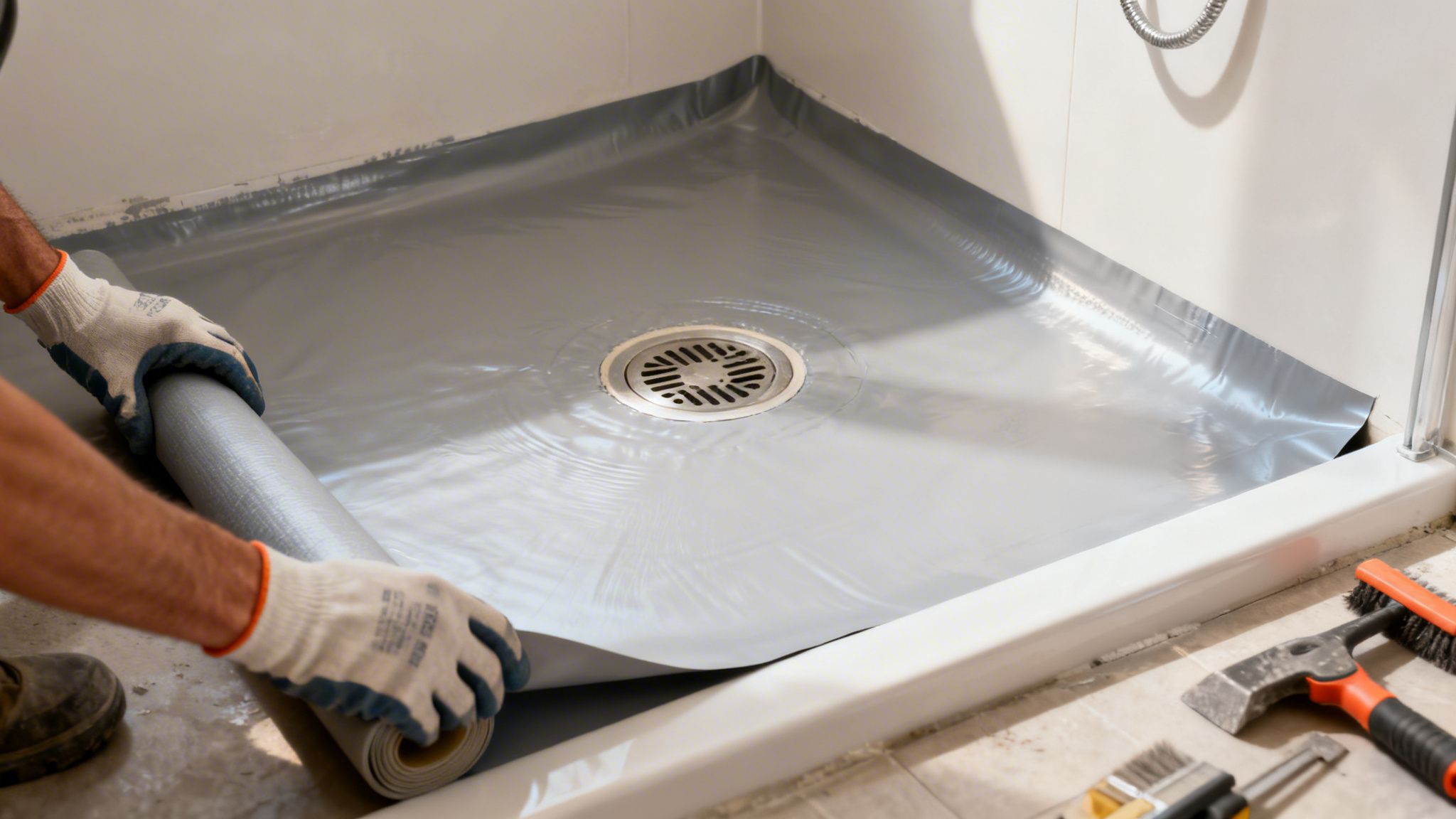 Installation af microcement på badeværelsesgulv for et moderne look.