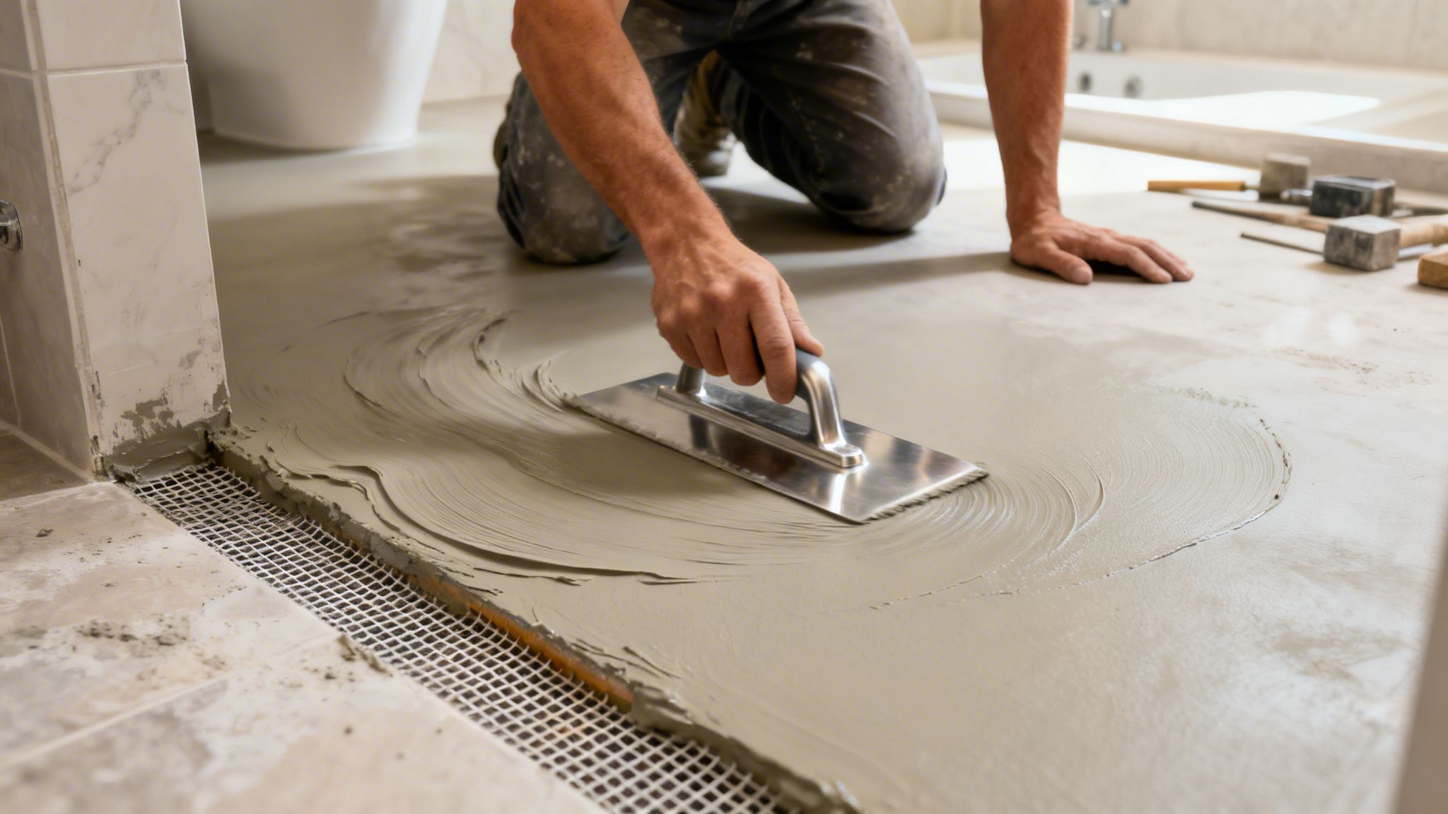 Person, der påfører microcement på badeværelsesgulv med spartel.