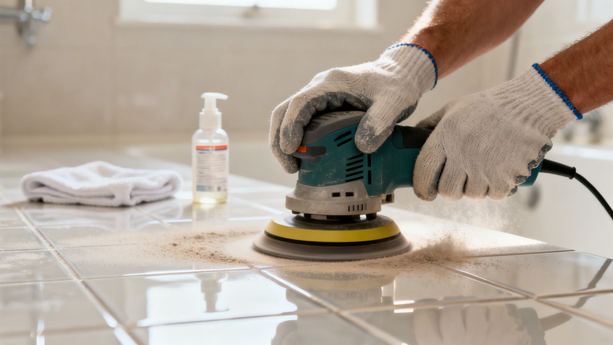 Person polerer microcement på badeværelsesfliser for en holdbar renovering.