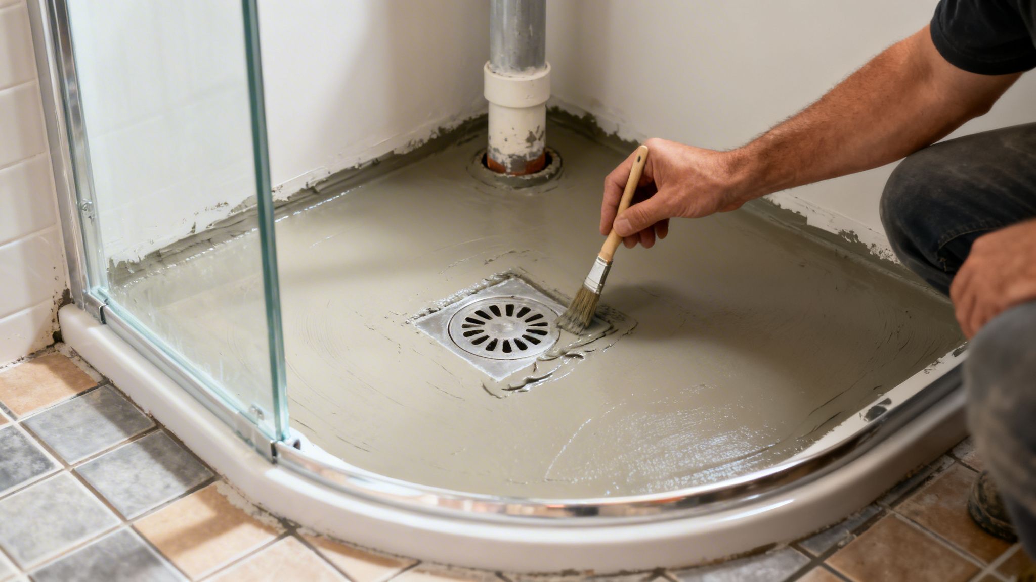 Anvendelse af microcement på badeværelsesgulv med brusekabine.