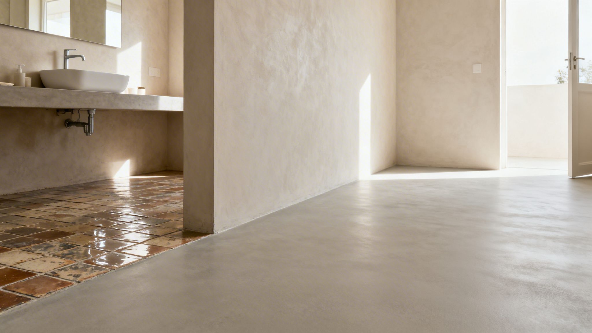 Moderne badeværelse med hvid vask, mikrocementvægge og gulve der møder traditionelle terracottafliser.