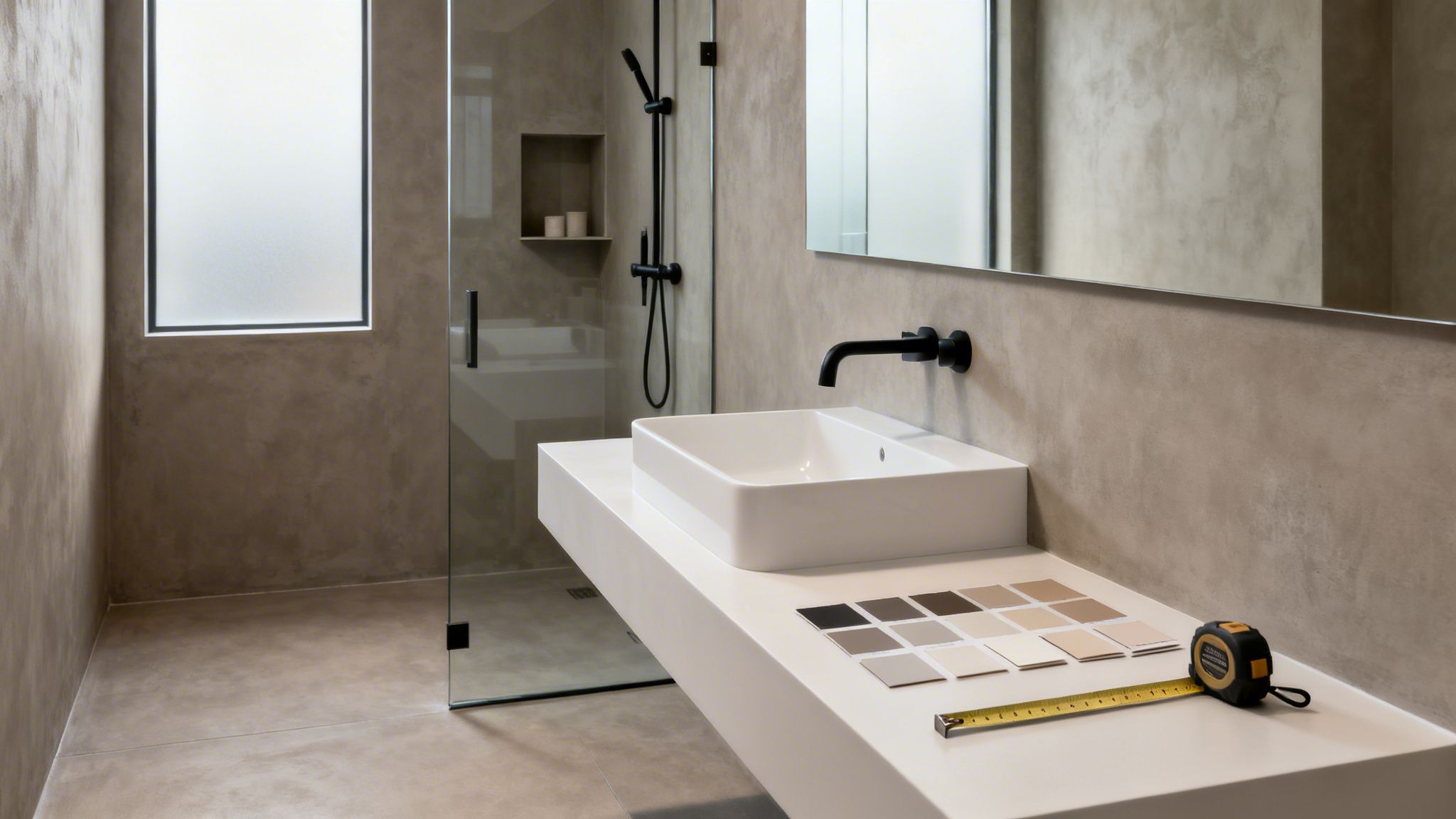 Moderne badeværelse med microcement, hvid vask, sort armatur, bruseniche, farveprøver og målebånd.