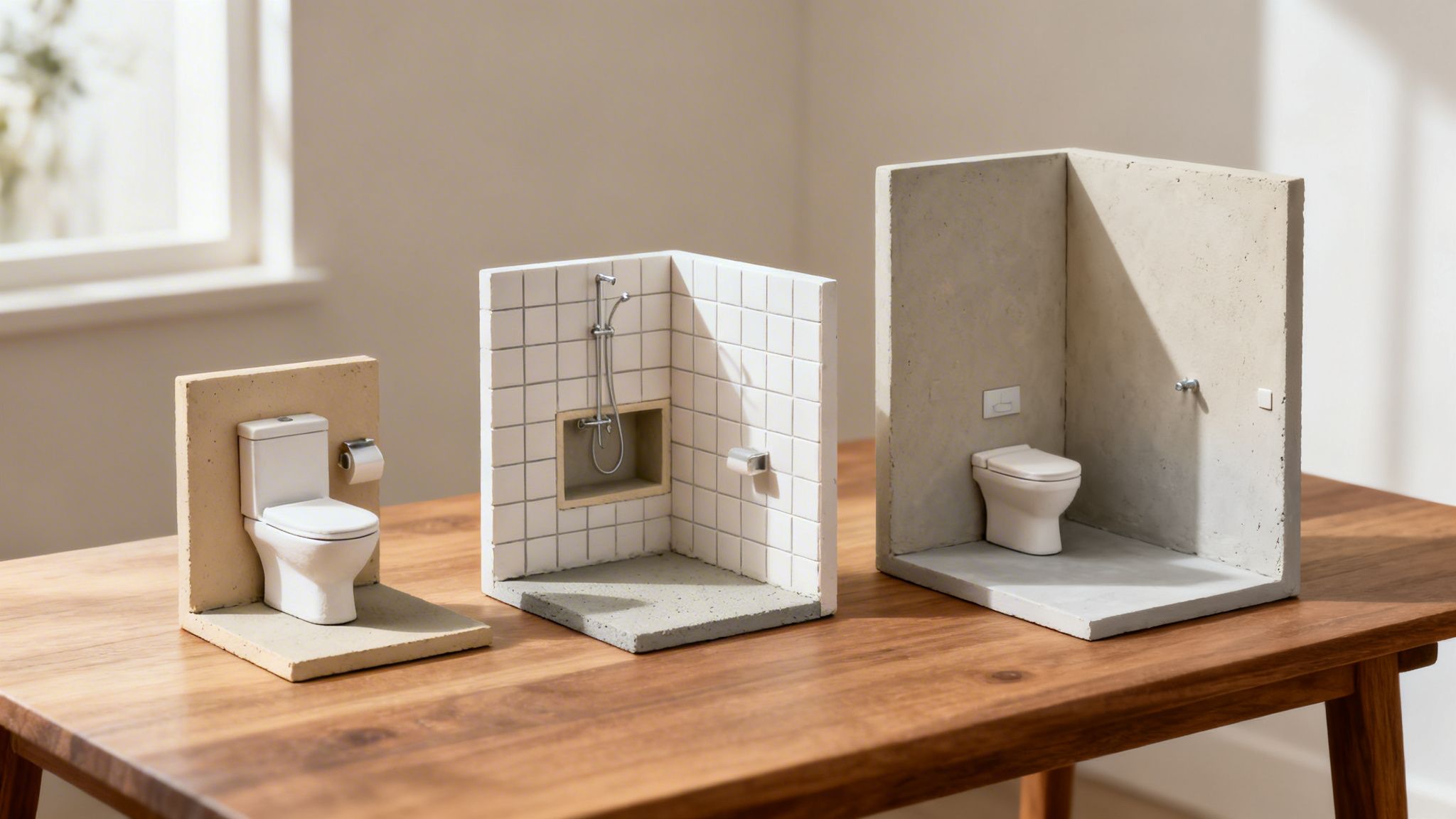 Tre miniature badeværelsesdioramaer med beton- og mikrocementteksturer på et træbord.