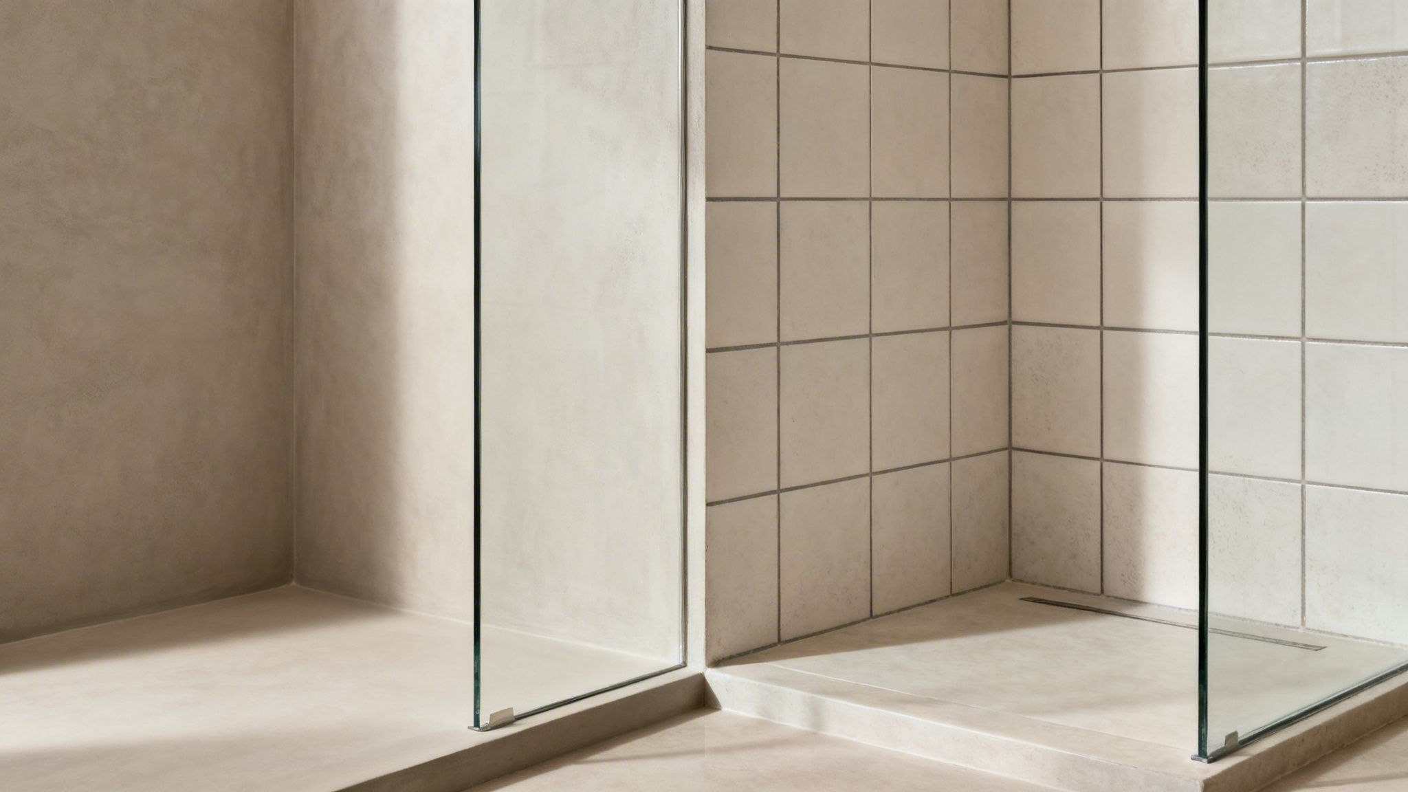 Moderne badeværelse med brusenicher: en med mikrocement og en med lyse fliser, adskilt af glasvægge.