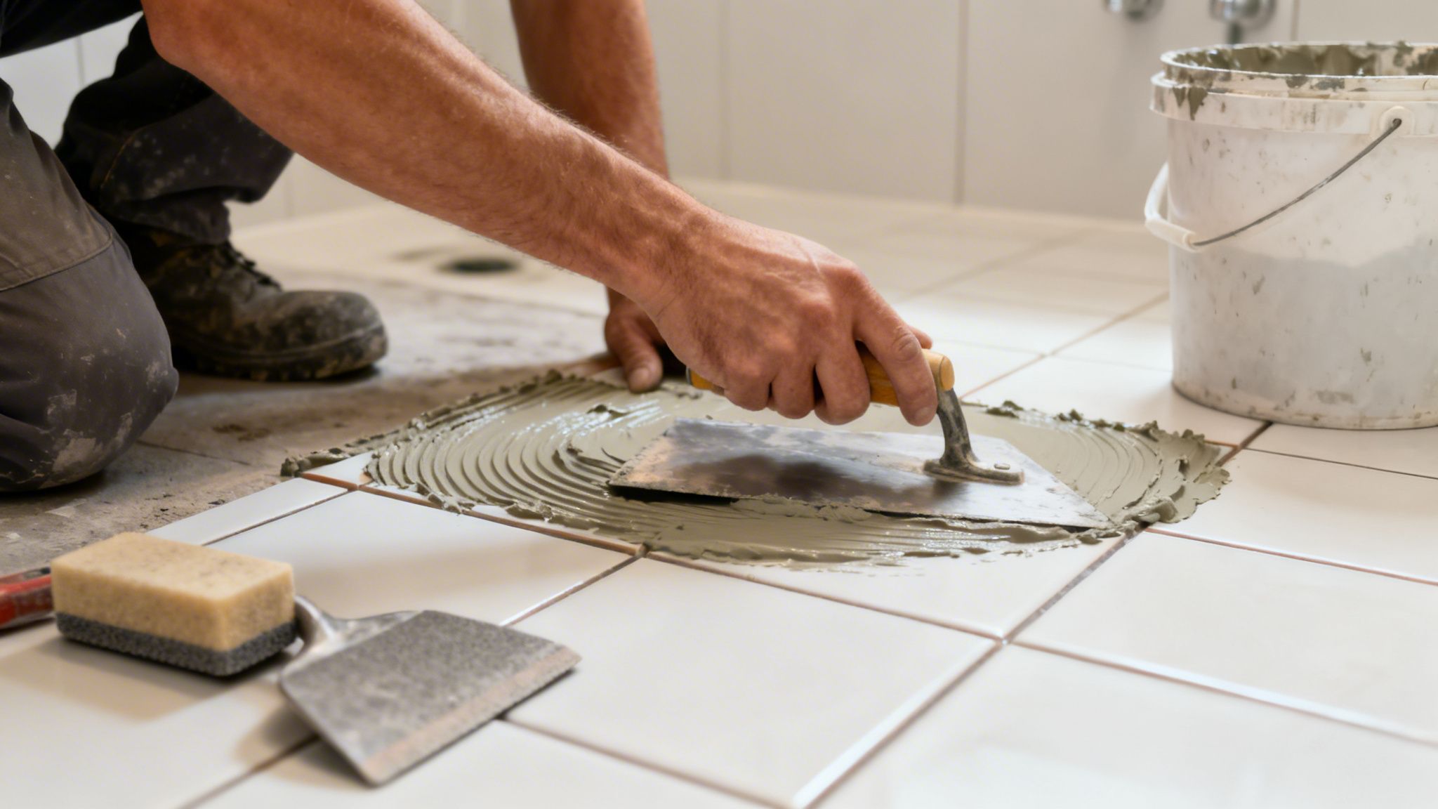 En person lægger hvide fliser på et badeværelsesgulv med fliseklæb og værktøj under renovering.