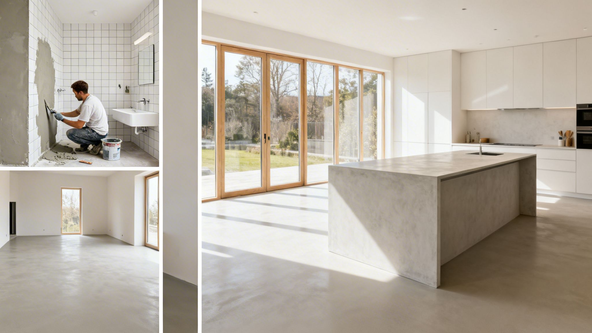 Elegant microcement overflade i moderne køkken med stor ø og naturligt lys.