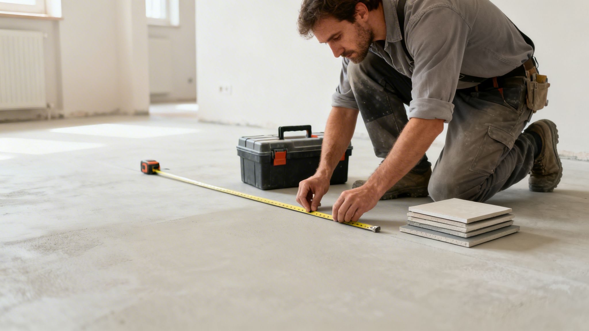 En mand måler gulvet med et målebånd ved siden af en værktøjskasse og stablede fliser i et ubehandlet rum.