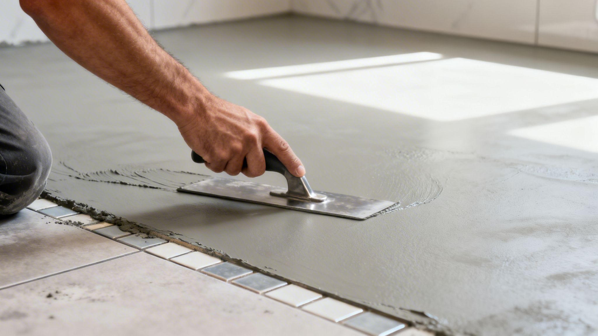 Person påfører glat microcement på gulv med spartel, ideelt til moderne hjem.