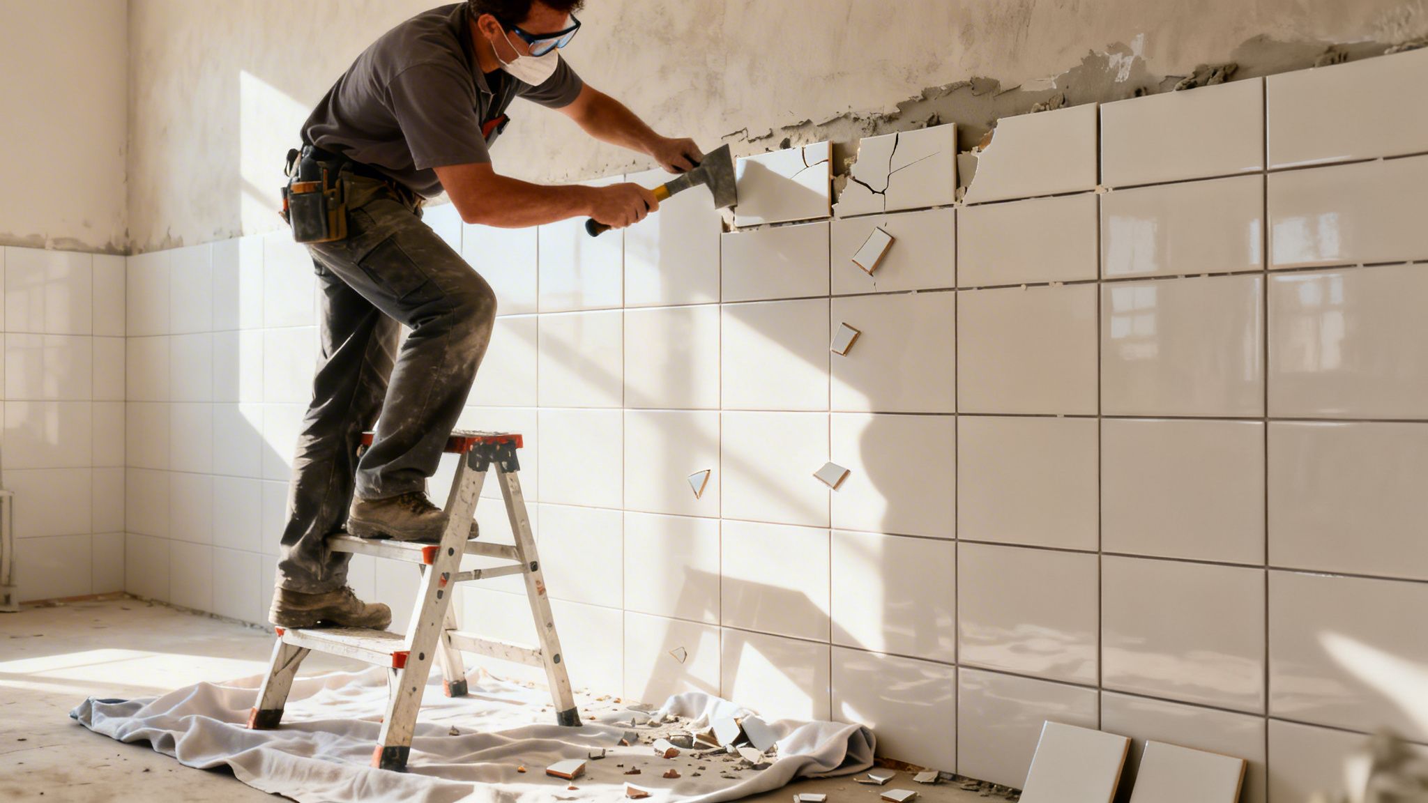 En håndværker fjerner fliser fra en væg med hammer og mejsel, stående på en stige under ombygning.