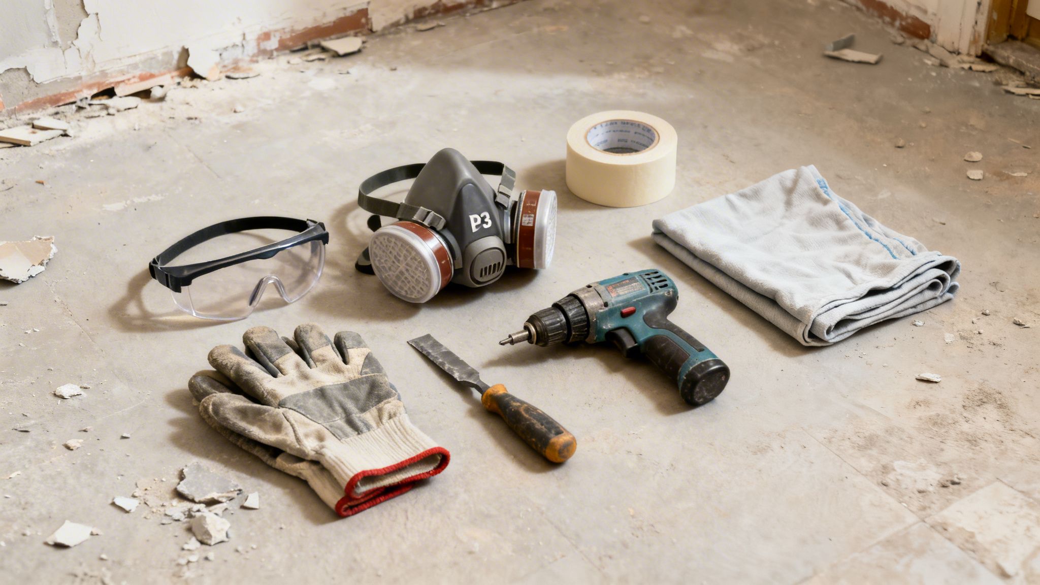 Sikkerhedsudstyr og værktøj til flisefjernelse: beskyttelsesbriller, åndedrætsværn, handsker, boremaskine, mejsel, tape og klud på et snavset gulv.