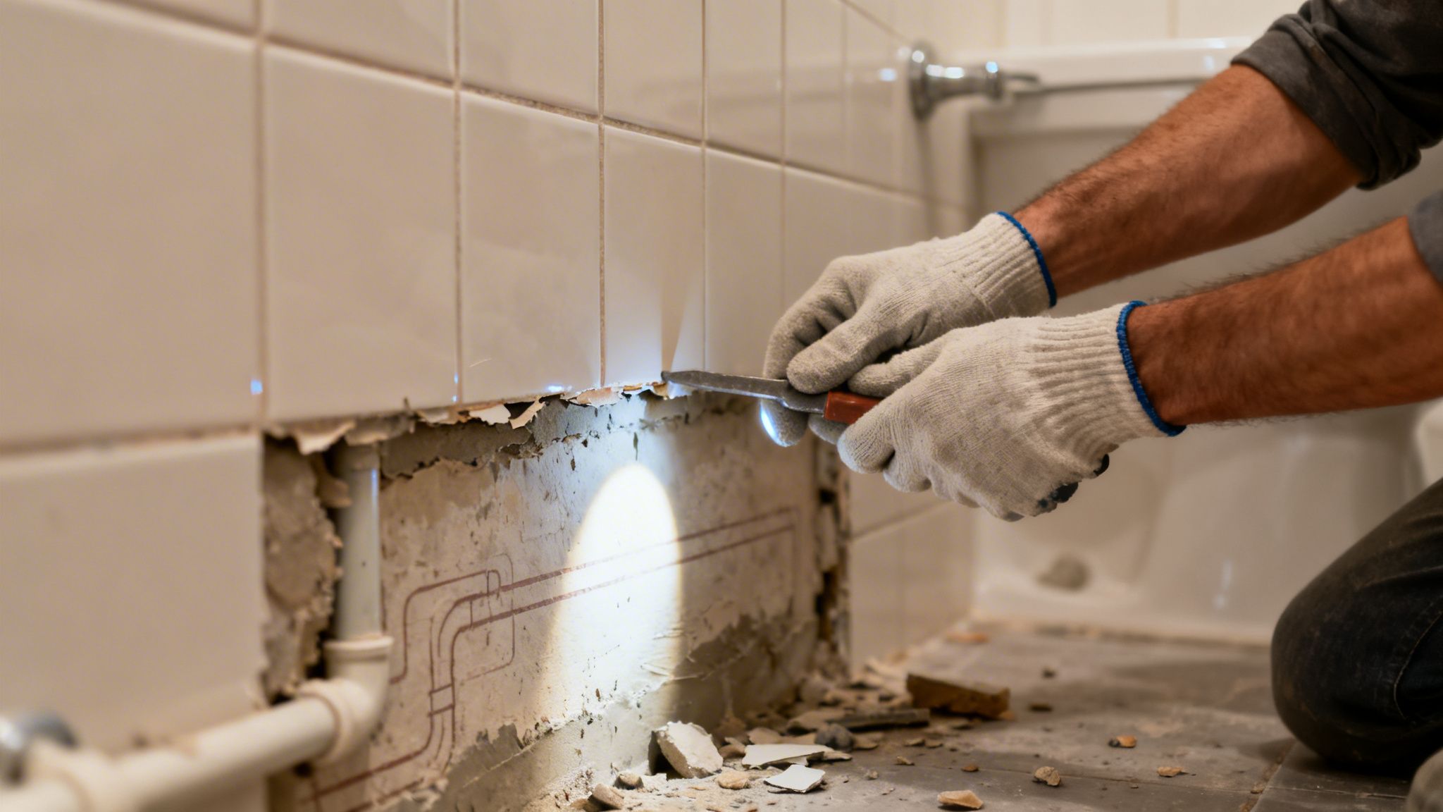 Person fjerner fliser for at erstatte med microcement på væggen.