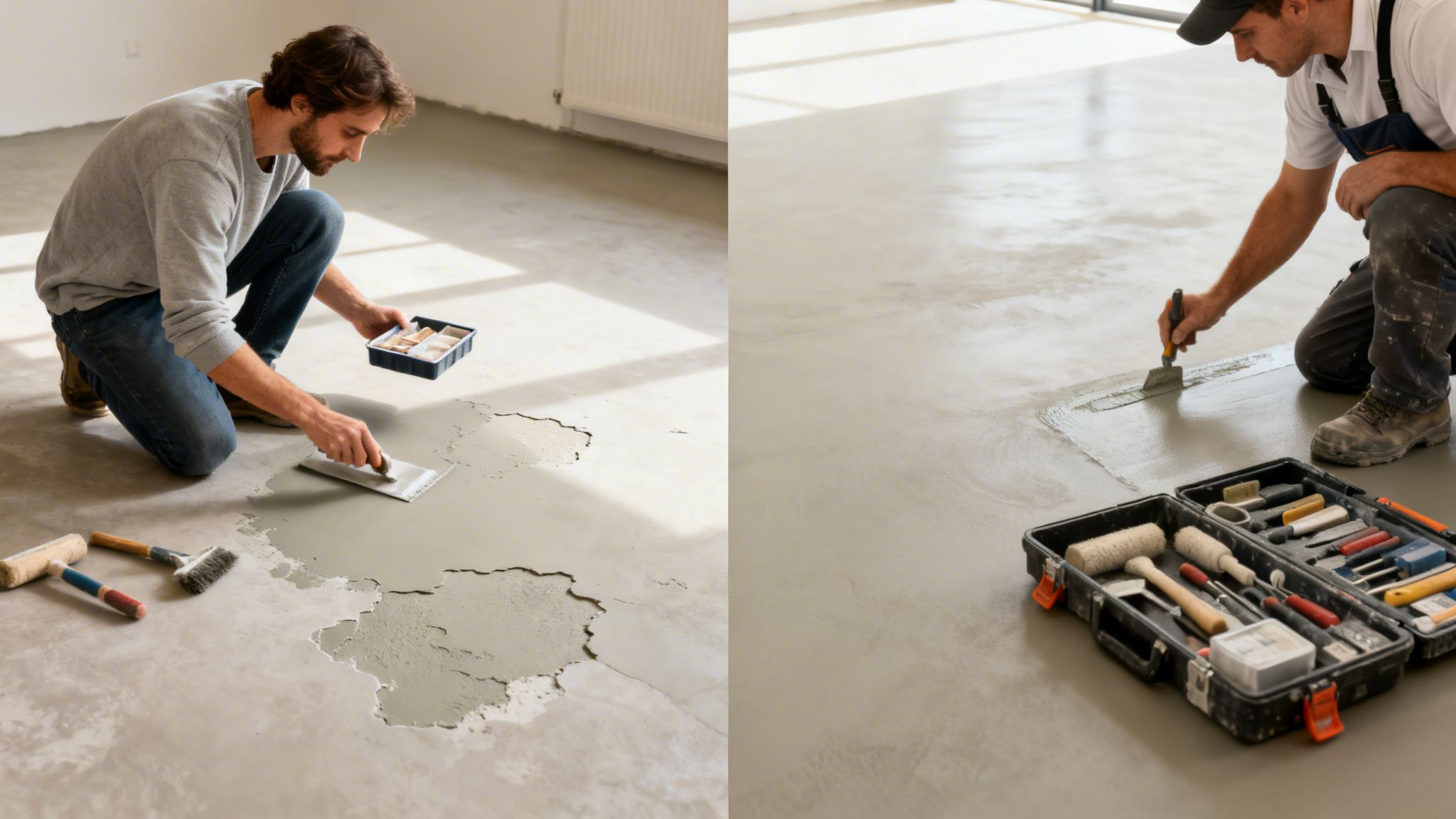 Mand lægger microcement på gulv med værktøj.