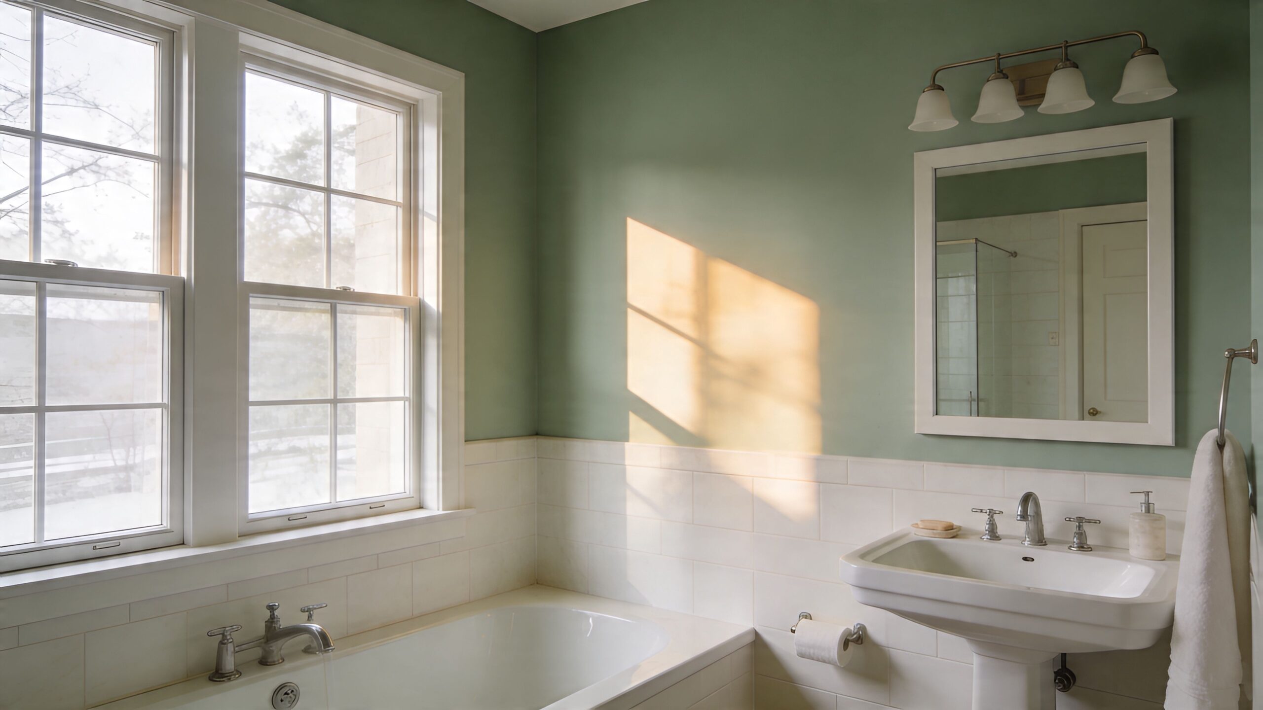 Et lyst og indbydende badeværelse med salviegrønne vægge, hvide fliser, badekar og en klassisk hvid vask.