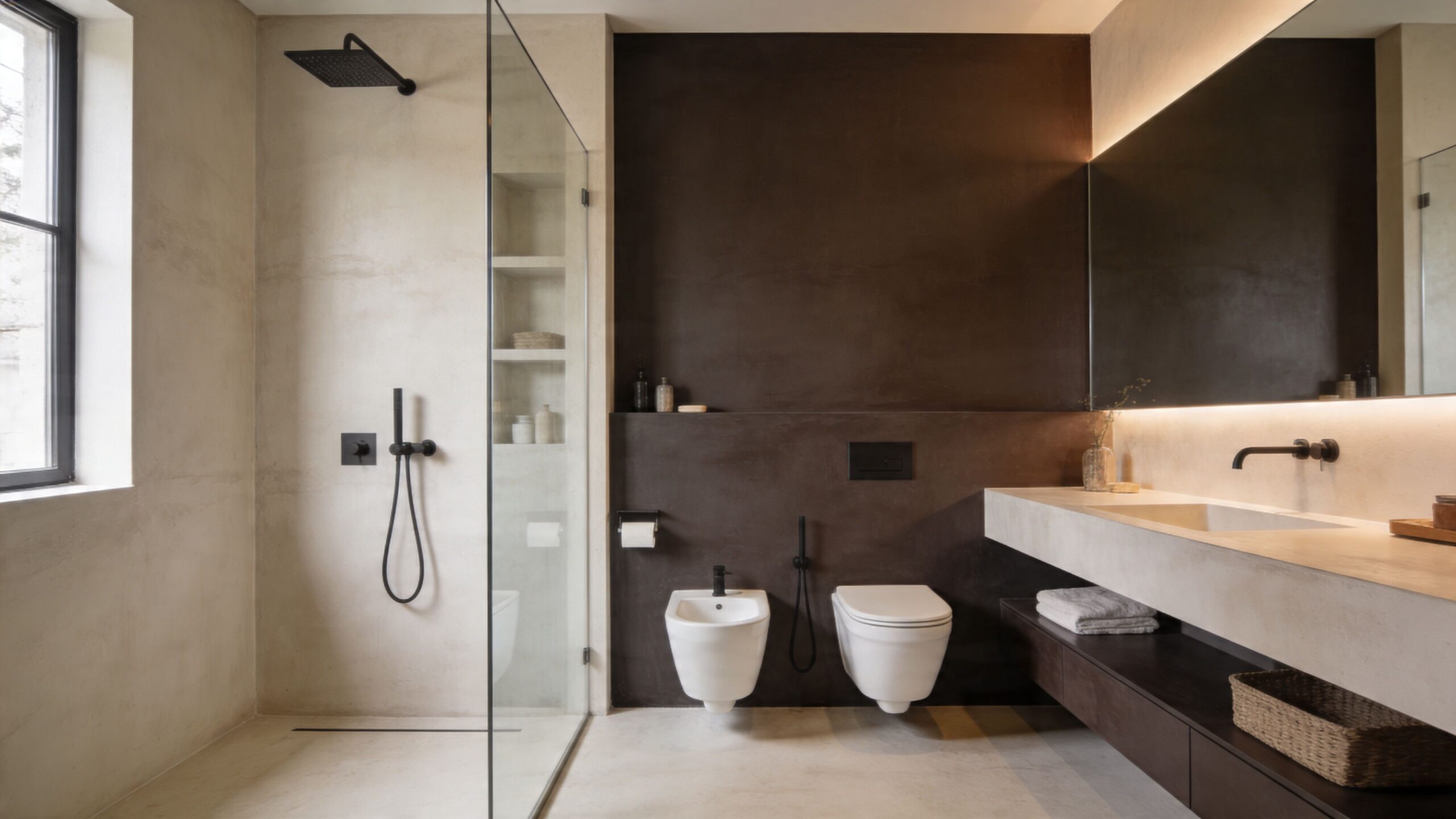 Moderne badeværelse med stilfulde vægge i mørke og lyse nuancer, elegant indretning og minimalistiske elementer.