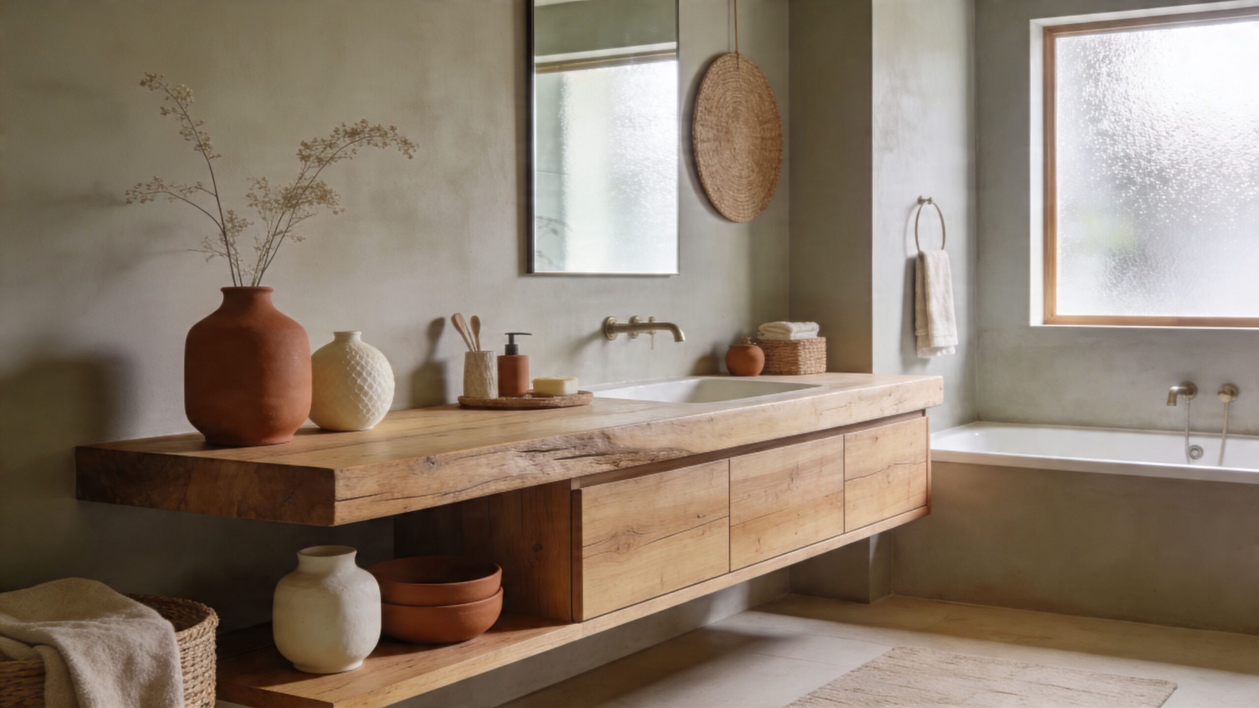 Moderne badeværelse med træbordplade, naturfarvede vægge og rustik indretning, der skaber en rolig og afslappende stemning i boligen.