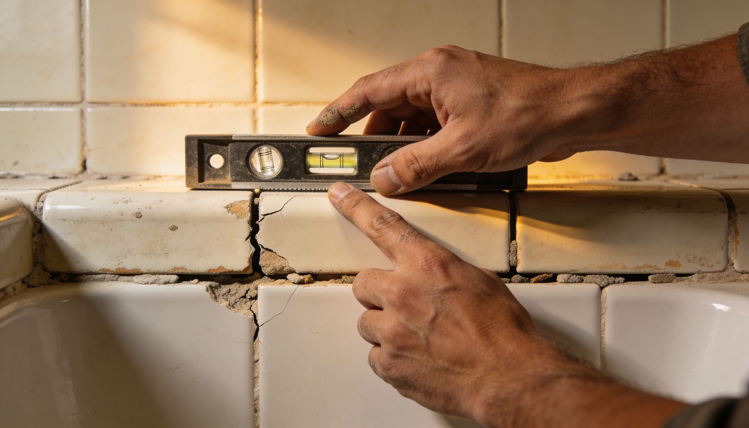 Håndværker bruger et vaterpas til at måle ujævne fliser i et køkken før renovering med microcement.