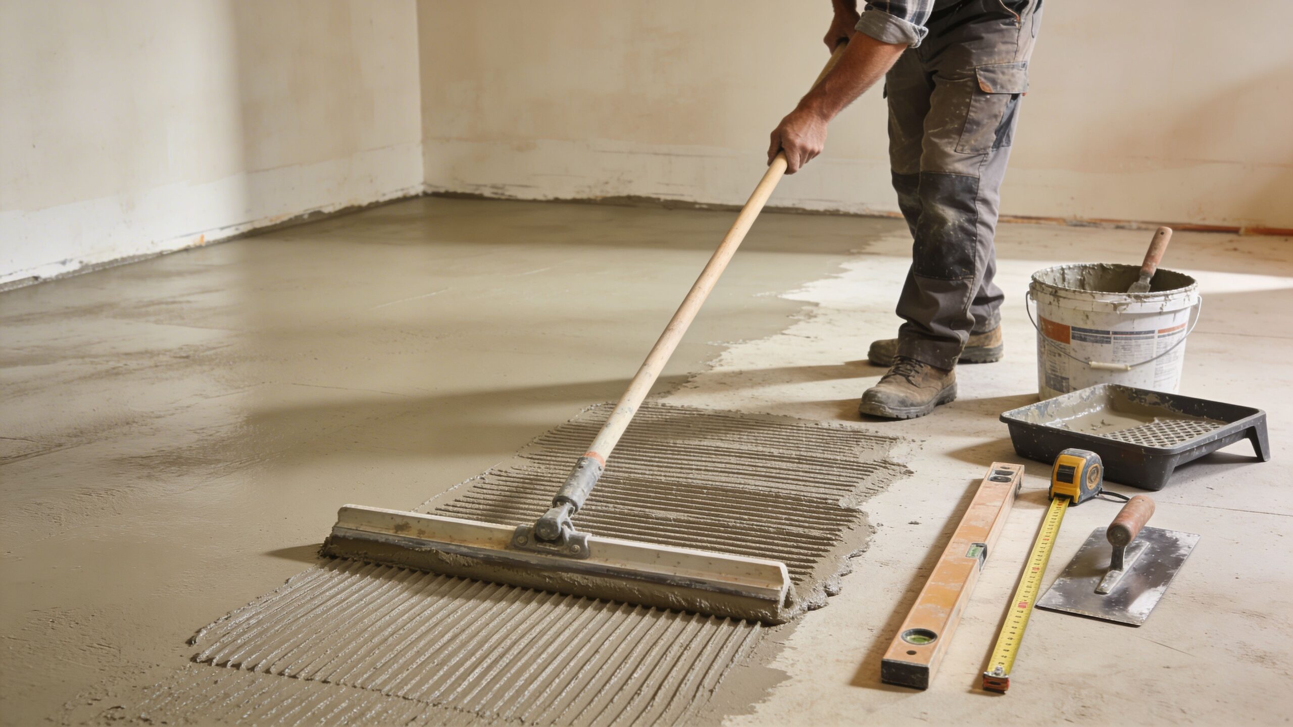 Håndværker der arbejder med udlægning af flydespartel på et gulv ved hjælp af en stor spartel.