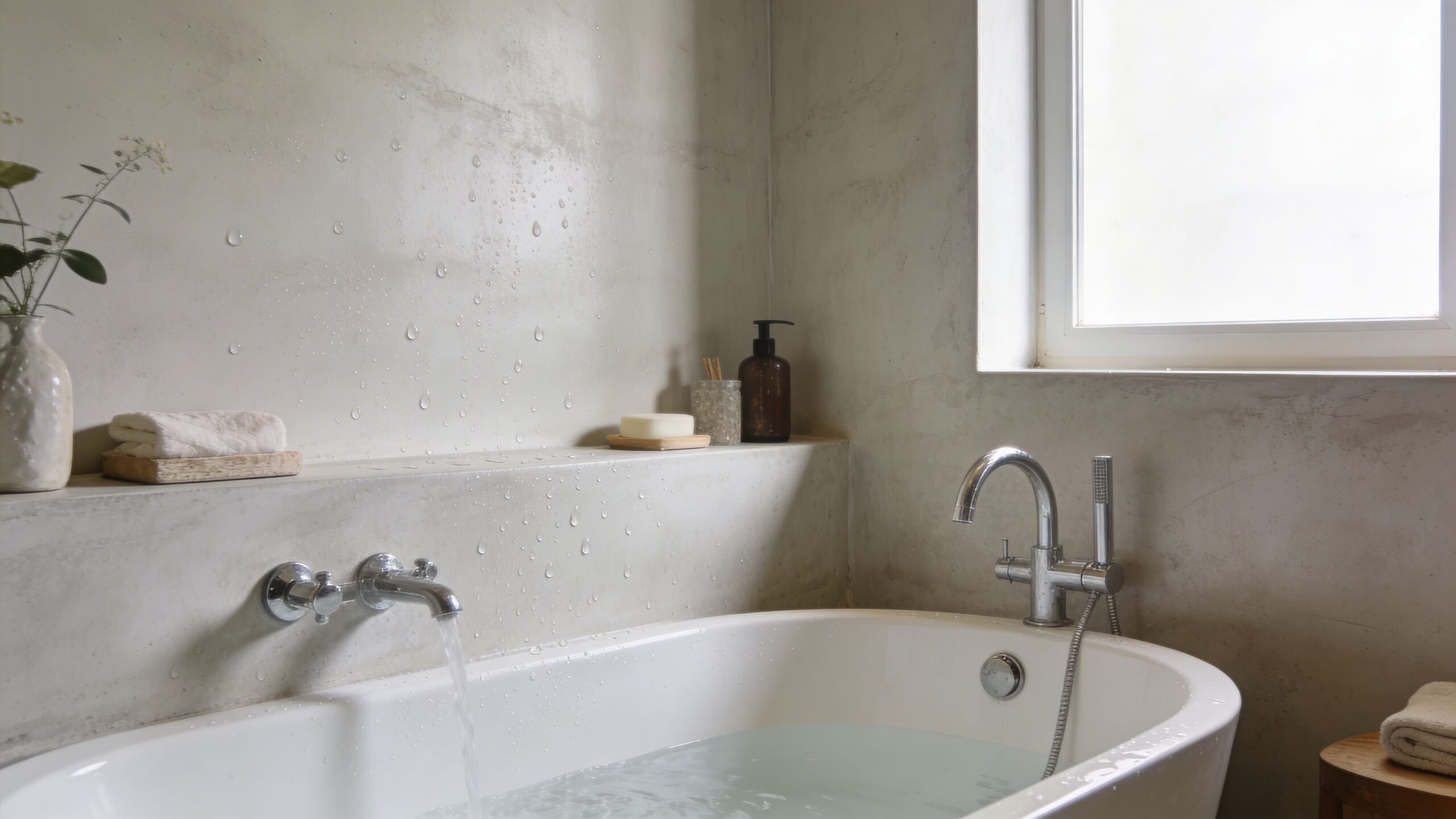 Et moderne badeværelse med et hvidt badekar og vægge beklædt med elegant, grå mikrocement og vanddråber.