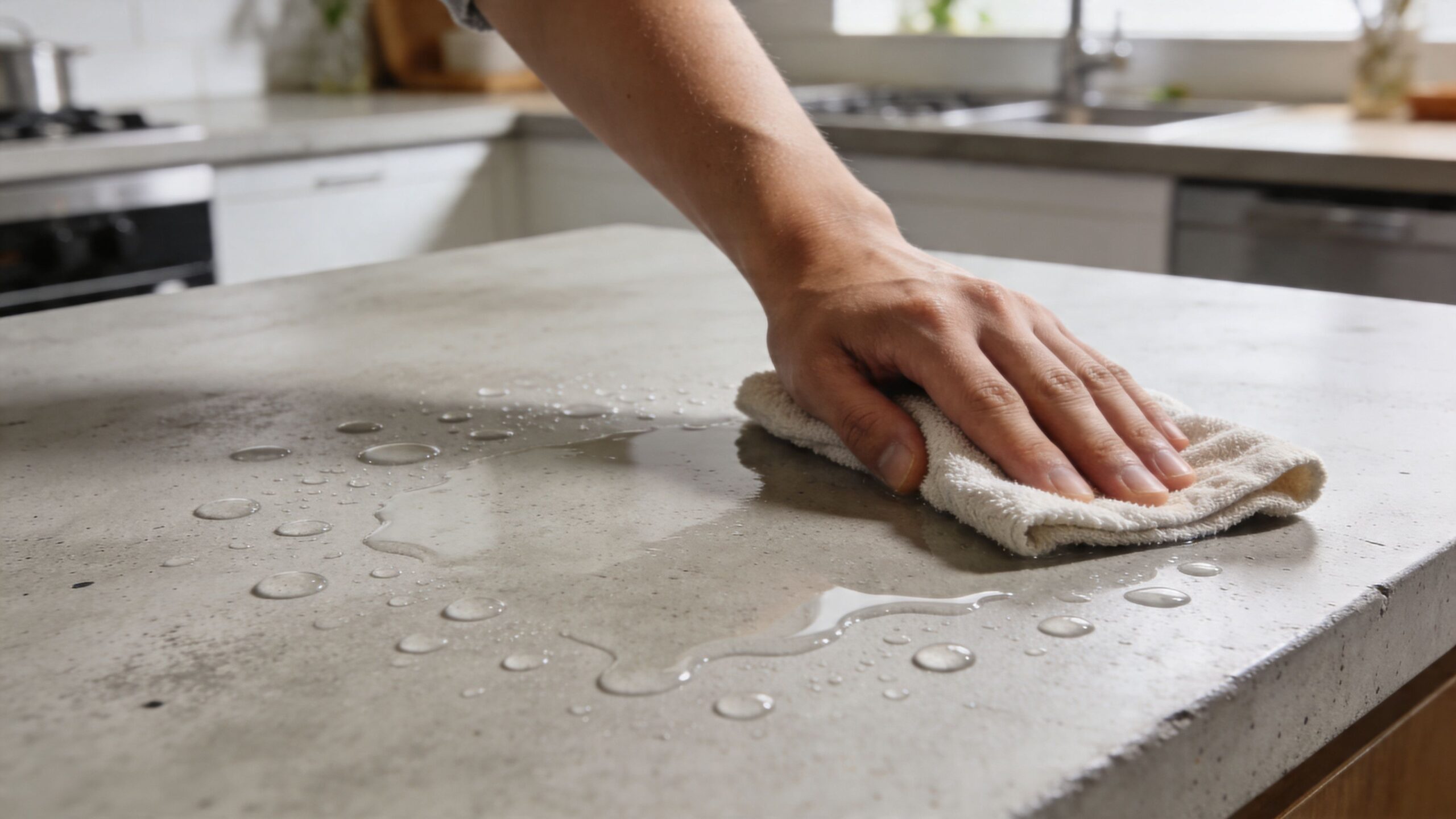 En hånd tørrer spildt vand af en moderne bordplade i beton med en hvid klud i køkkenet.