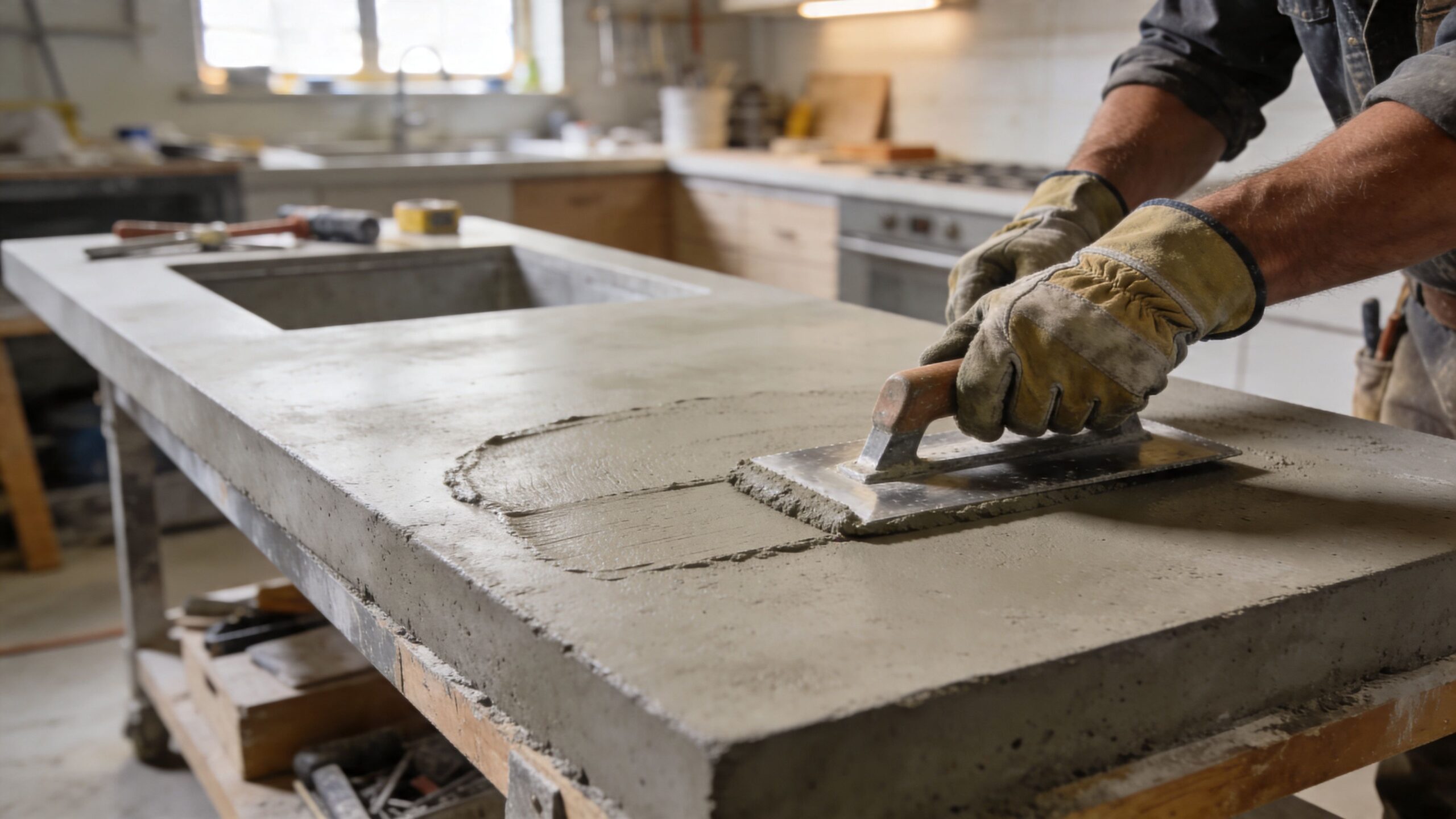 En håndværker er i gang med at glatte en køkkenbordplade i beton med et pudsebræt i et værksted.