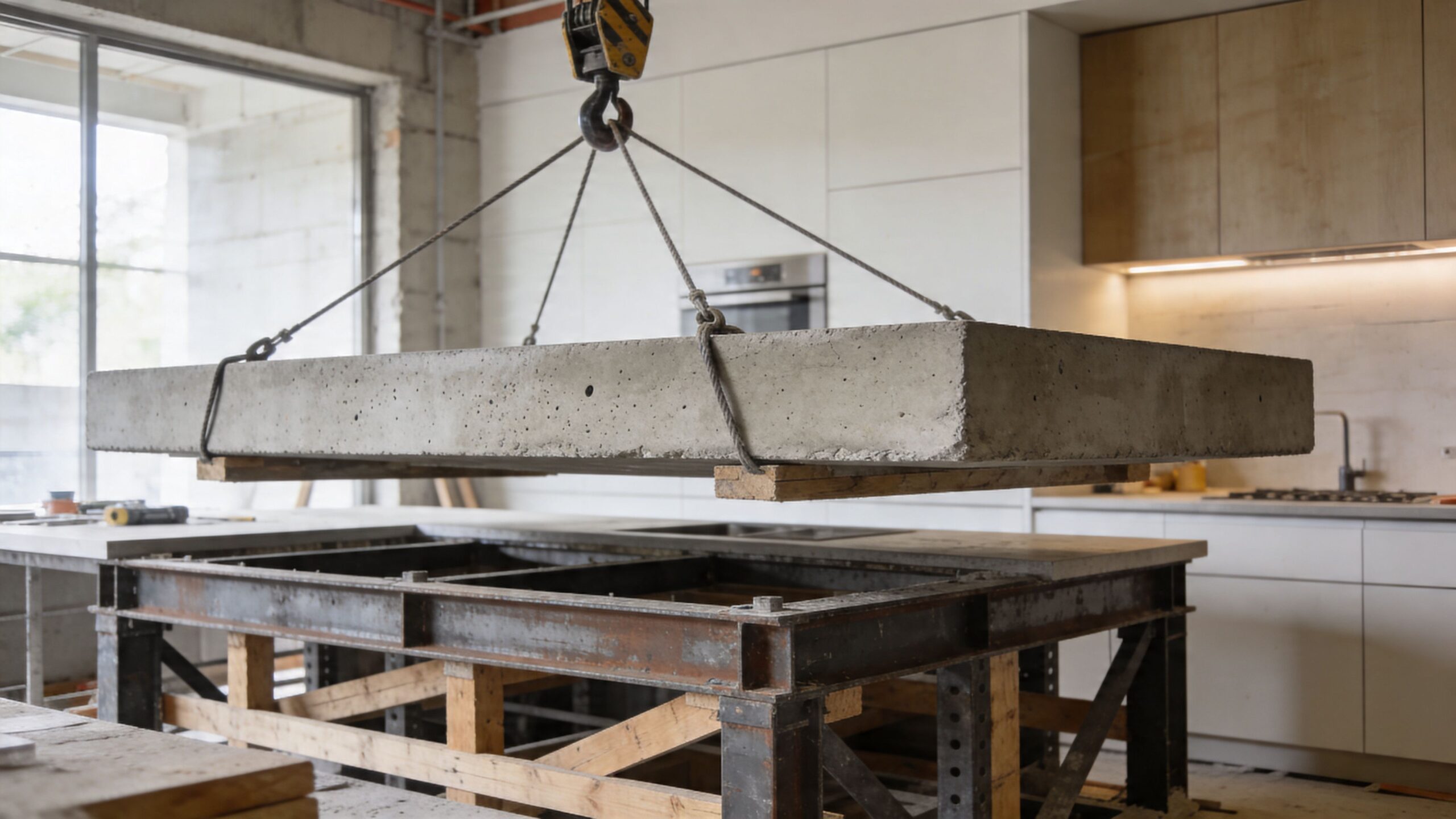 En tung betonbordplade bliver løftet af en kran og placeret på et køkkenø-stel under byggearbejdet.