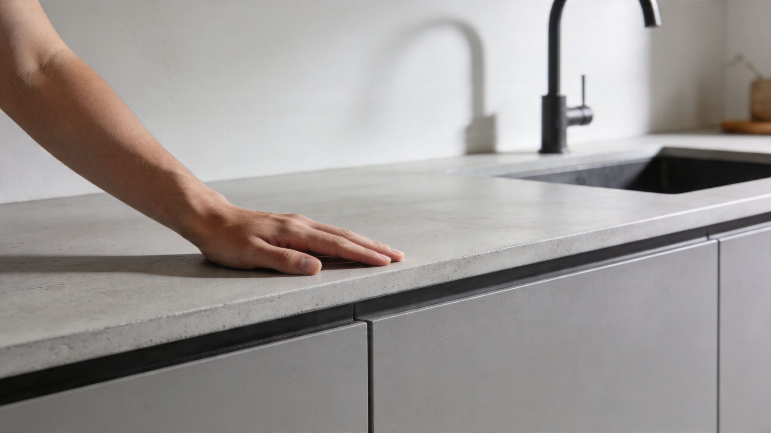 En person rører ved en moderne grå bordplade i beton i et stilfuldt og minimalistisk køkkenmiljø.