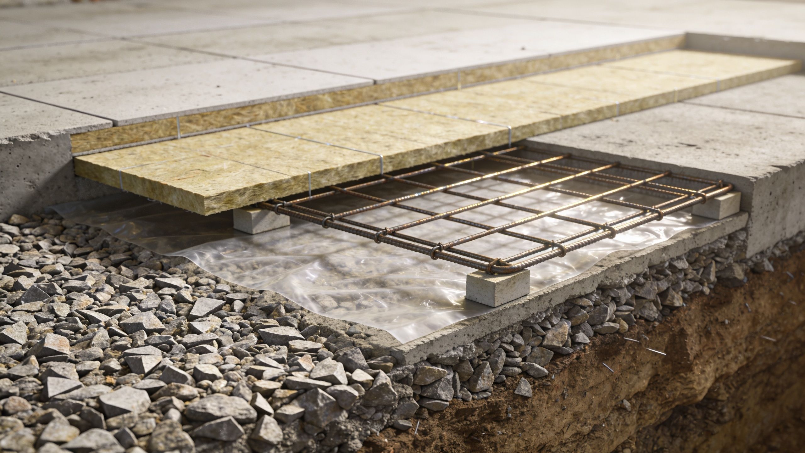 Tværsnit af en gulvkonstruktion med isolering, armeringsnet, beton og gruslag til et støbt betongulv.