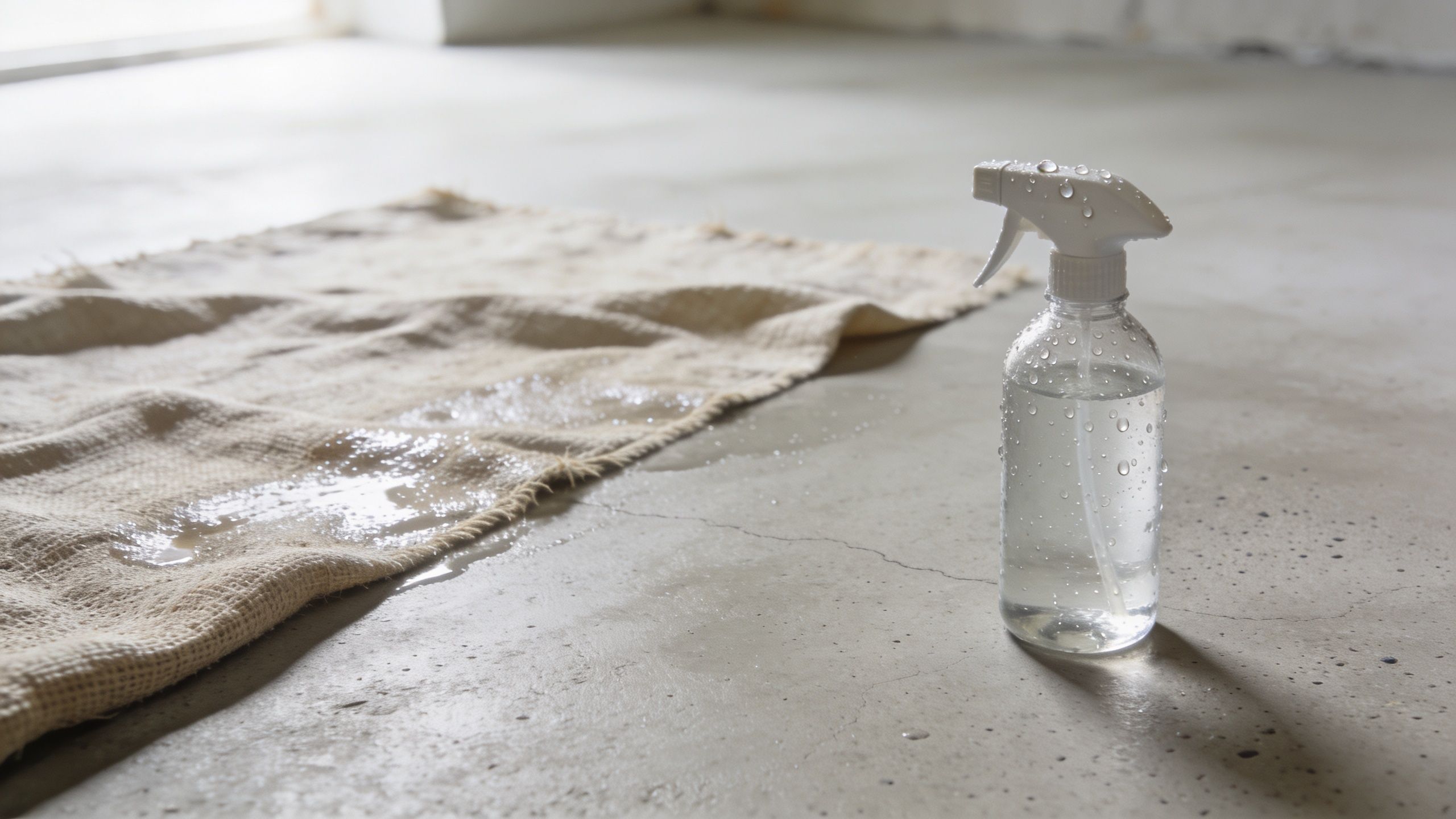 En sprayflaske med vand og en fugtig klud placeret på et nystøbt betongulv under gør-det-selv-arbejde.