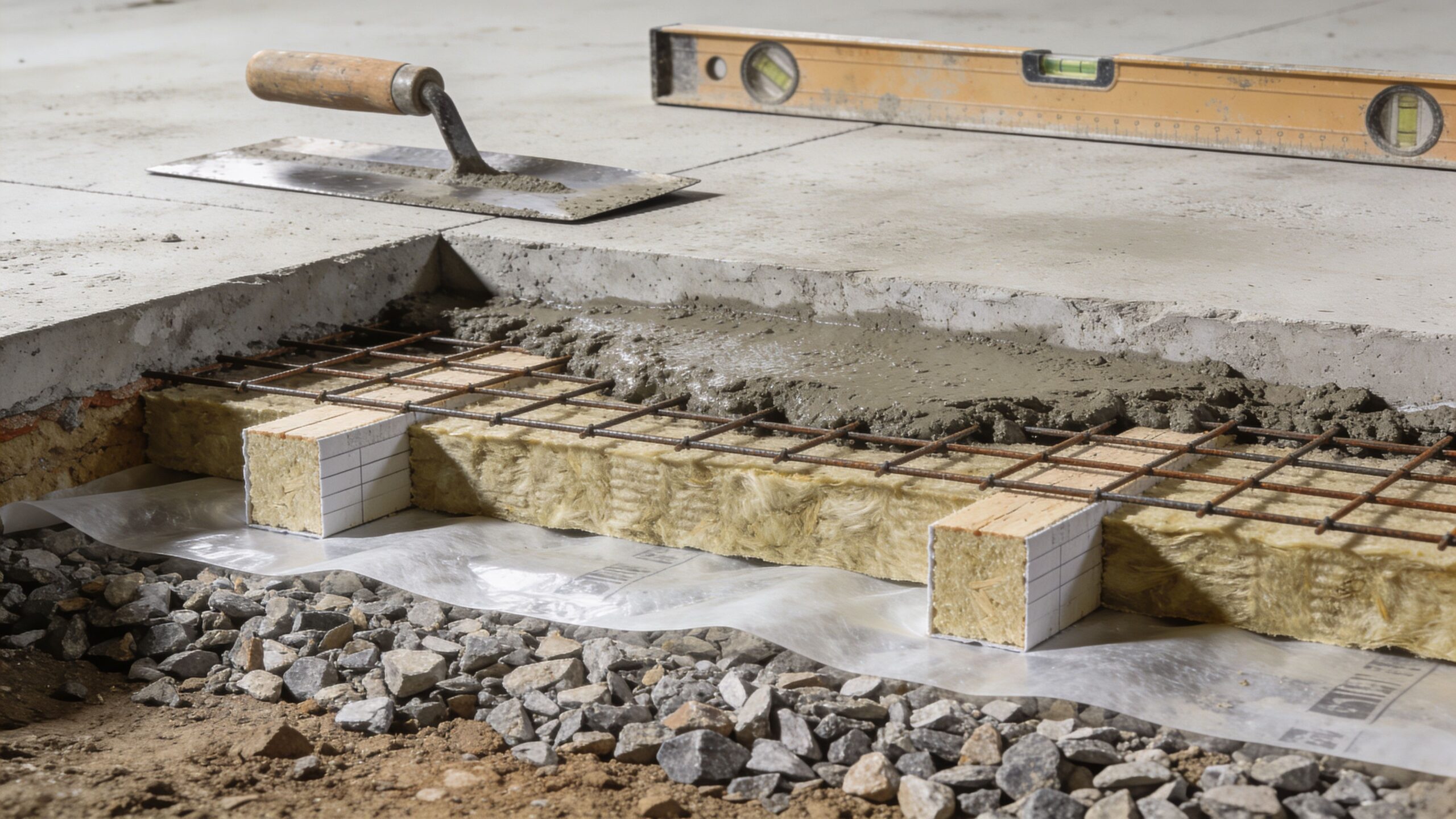 Tværsnit af et gulv under opbygning med isolering, armeringsnet, beton, vaterpas og et pudsebræt på byggepladsen.