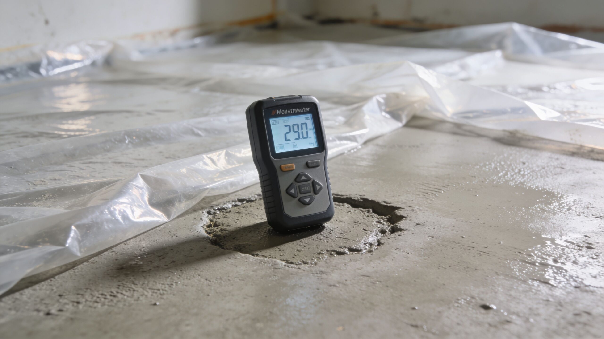 En fugtmåler placeret på en våd betonoverflade under byggearbejde med plastafdækning for at måle fugtindholdet i gulvet.