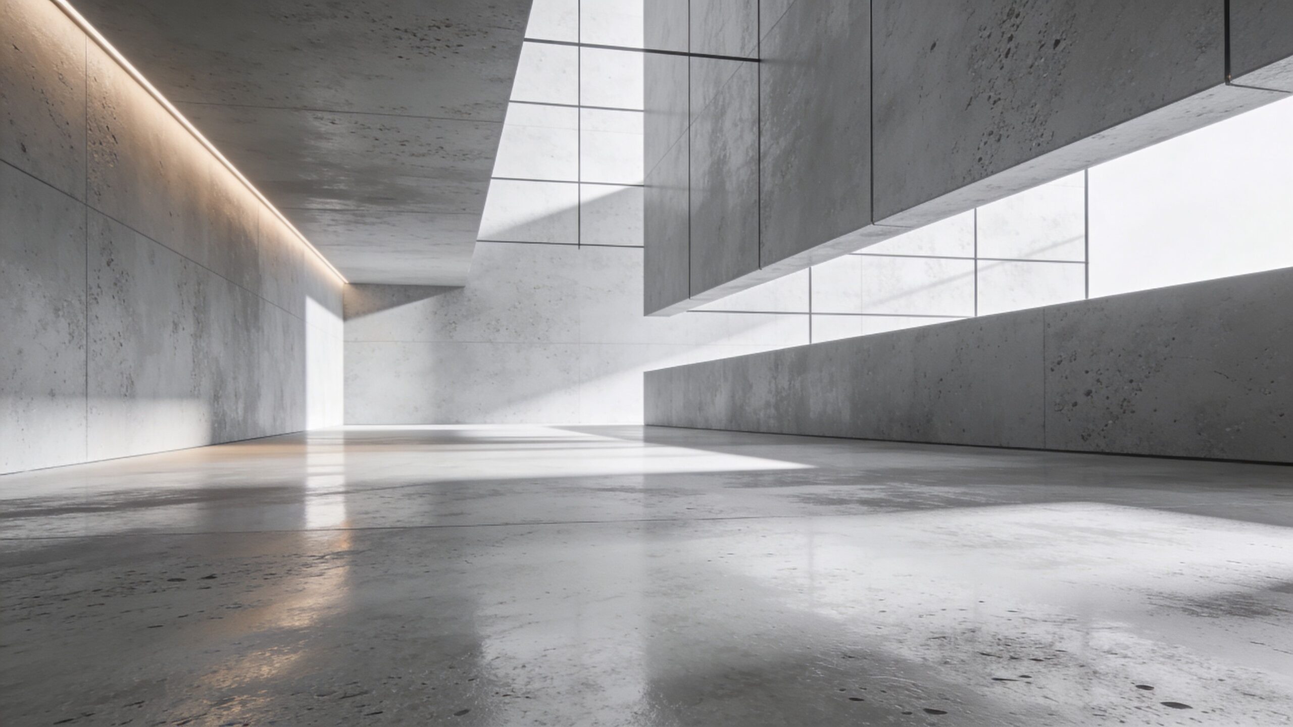 Minimalistisk interiør i rå beton med store vinduespartier og naturligt lysindfald i en moderne arkitektonisk bygning.