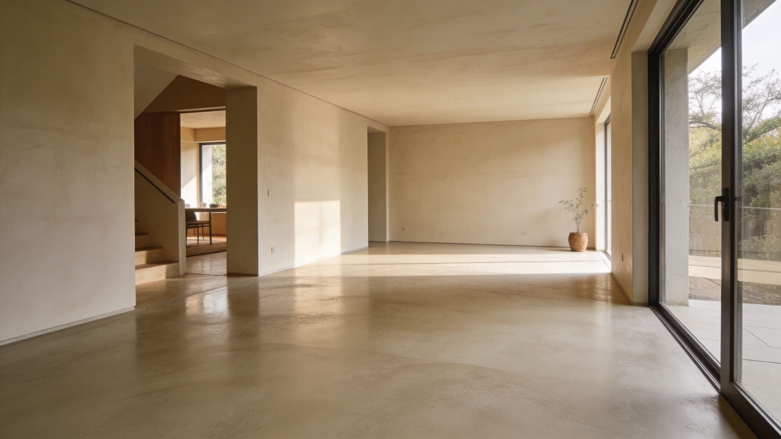 Et lyst og minimalistisk rum med glatte betonvægge og et poleret betongulv med naturligt lysindfald fra terrassedøren.