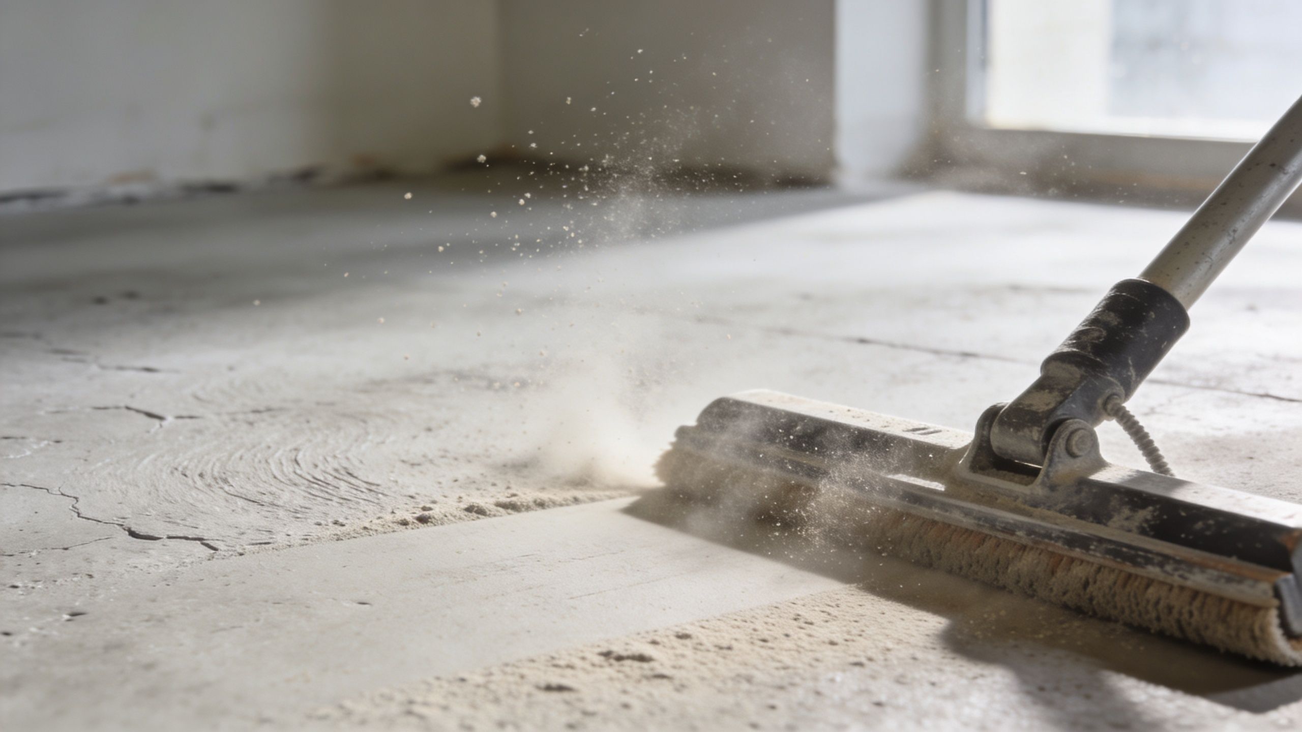 En kost renser støv fra et gråt betongulv under renovering af et rum indendørs.