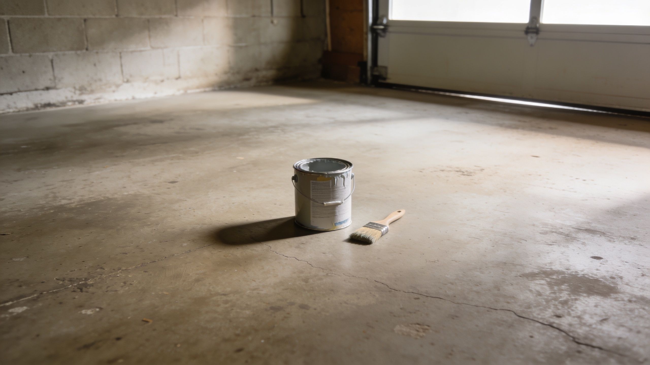 En spand med hvid maling og en pensel placeret på et betonundergulv i en garage.