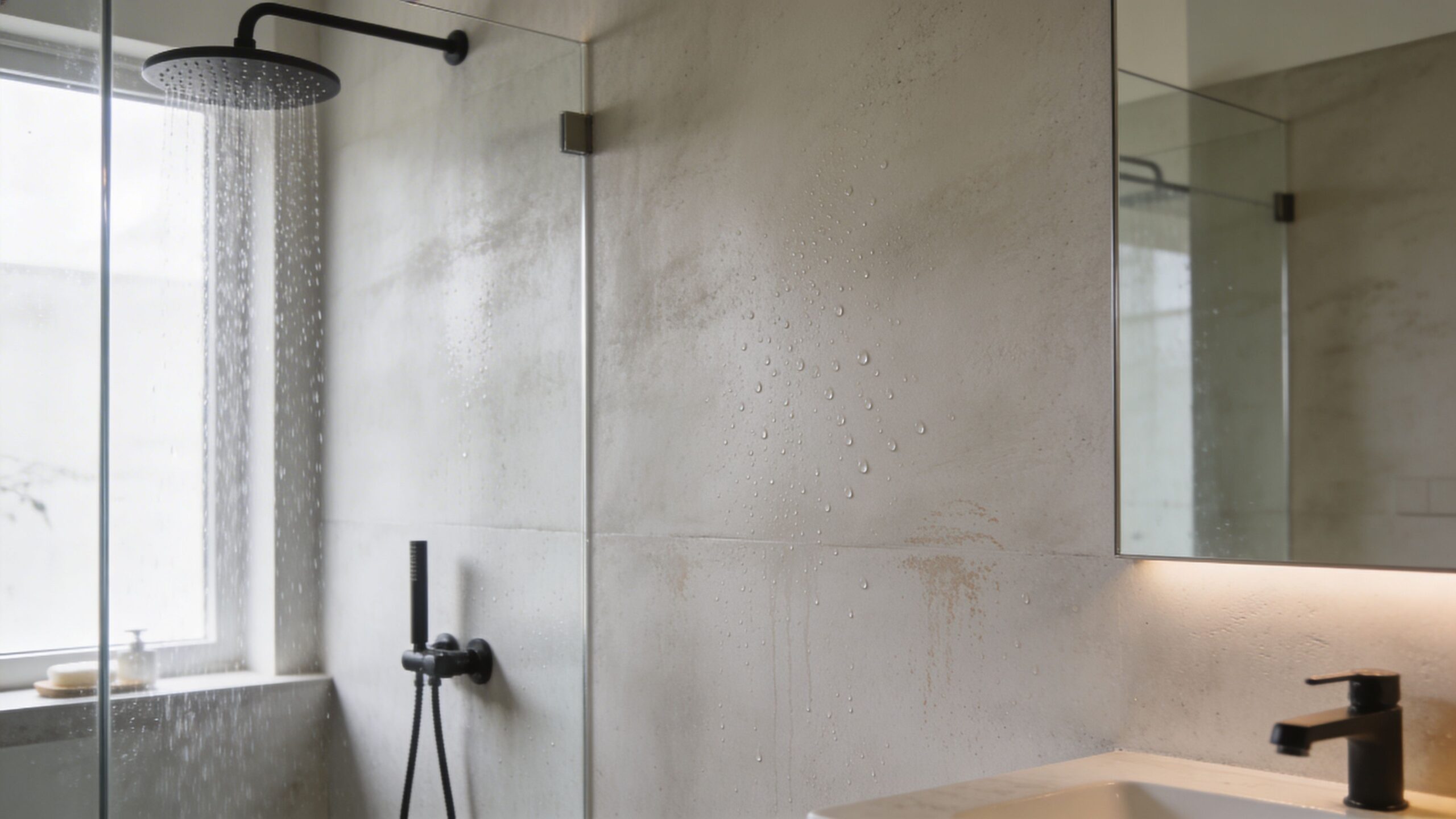 Moderne badeværelse med bruser og håndvask, hvor væggene er beklædt med stilfuld og minimalistisk lys microcement.