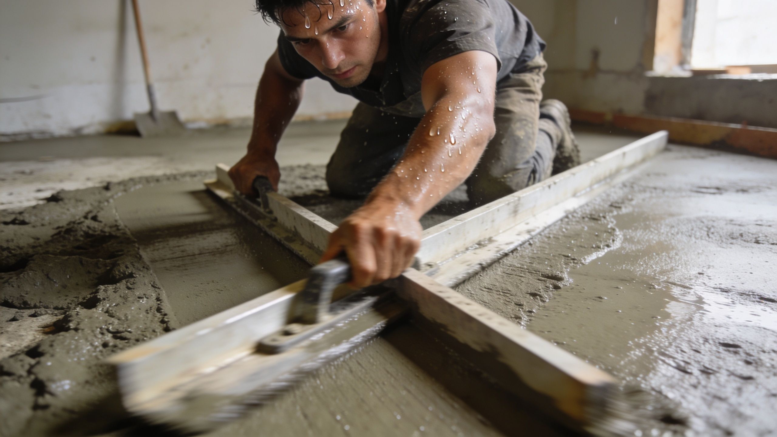 En svedig bygningsarbejder nivellerer et nyt betongulv med et langt glittebræt i et byggeri.