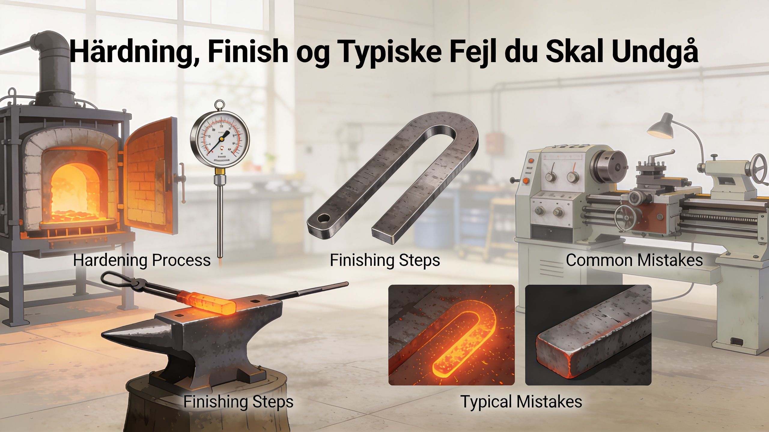 Illustration af forskellige arbejdsprocesser til hærdning og bearbejdning af metalstykker i et værksted.