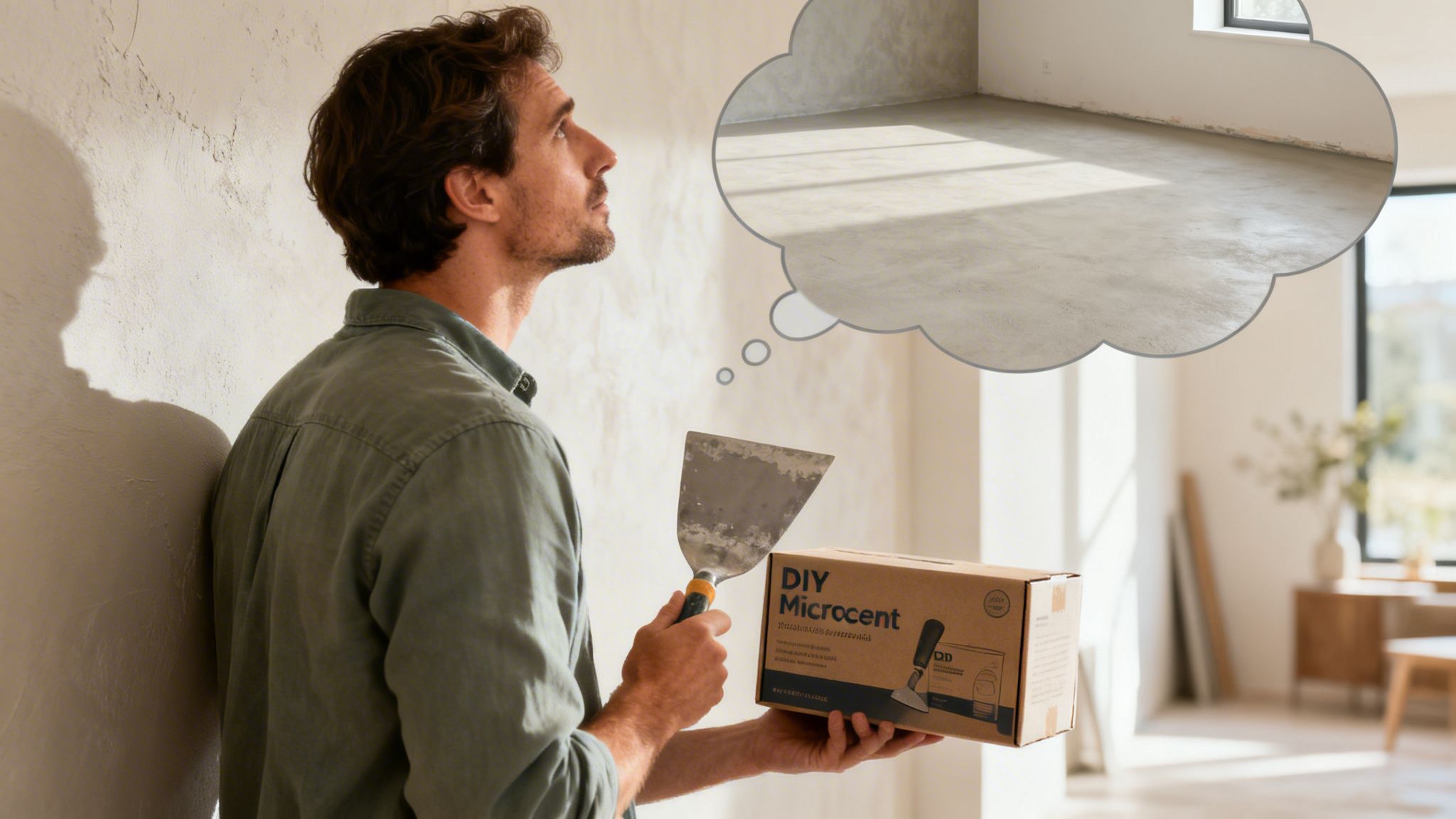 En mand overvejer at bruge gør-det-selv microcement til at renovere sit gulv i et lyst rum