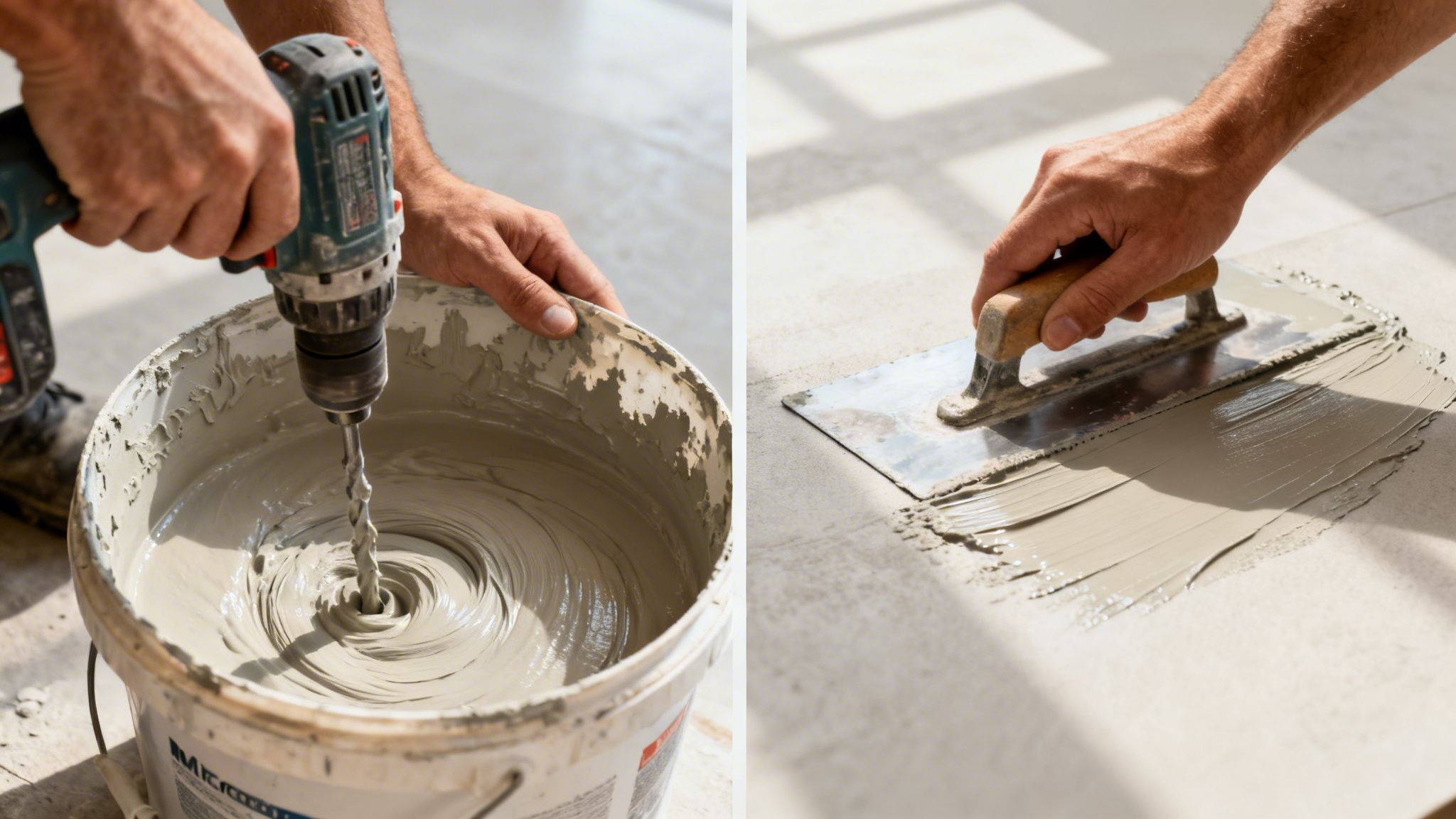 En håndværker blander microcement i en spand og påfører derefter materialet på et gulv med en spartel.