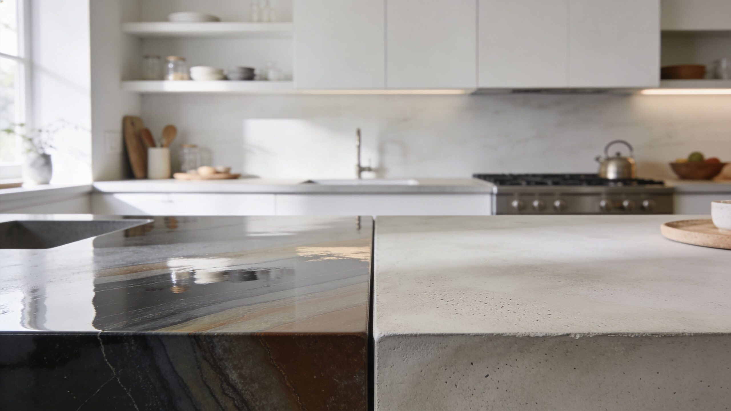 En moderne køkkenø med en kombination af en blank stenbordplade og en rå betonoverflade i et lyst køkken