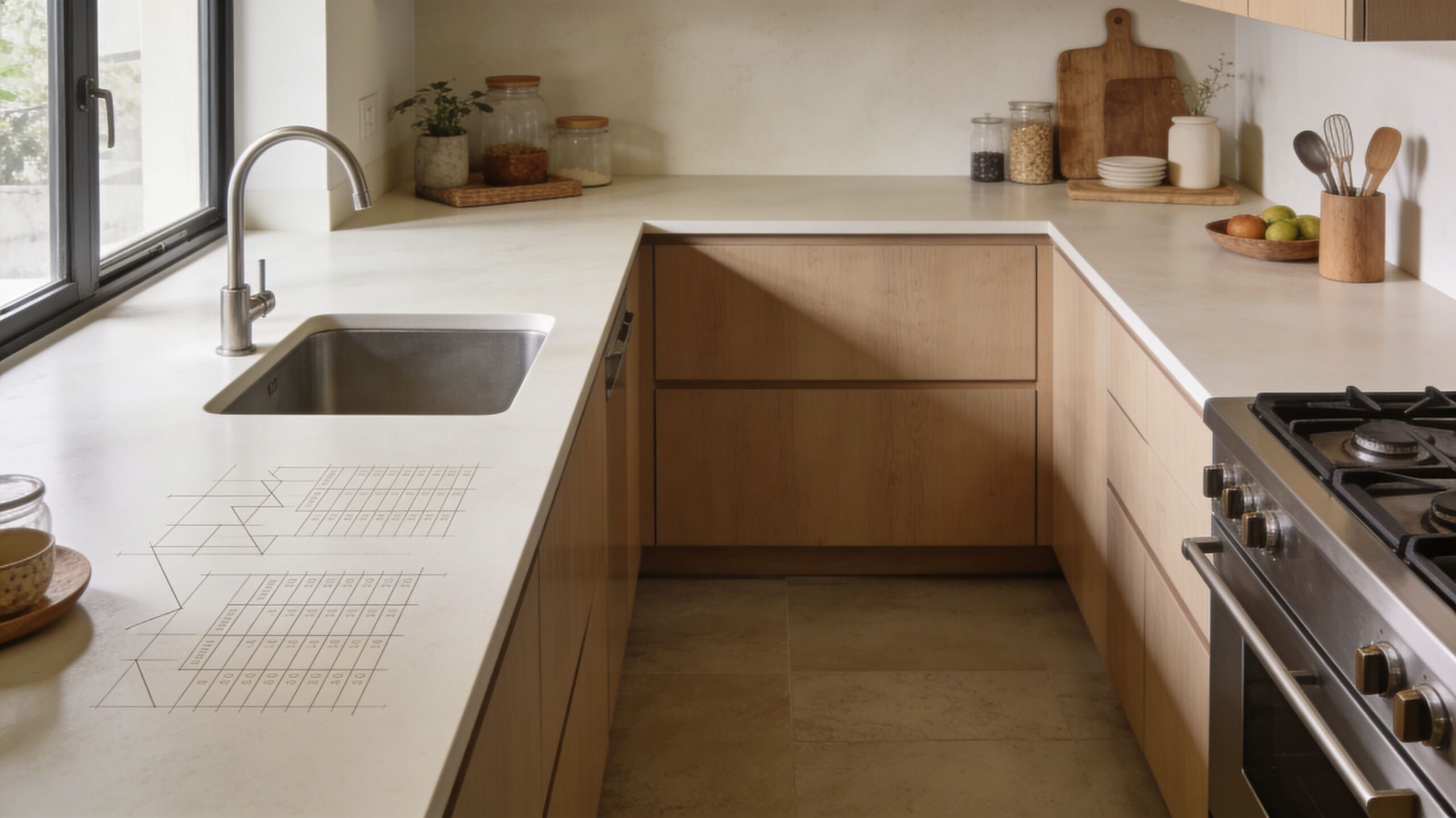 Et moderne køkken med lyst træinteriør, hvid bordplade og en tegning af en teknisk arbejdsplan på overfladen.