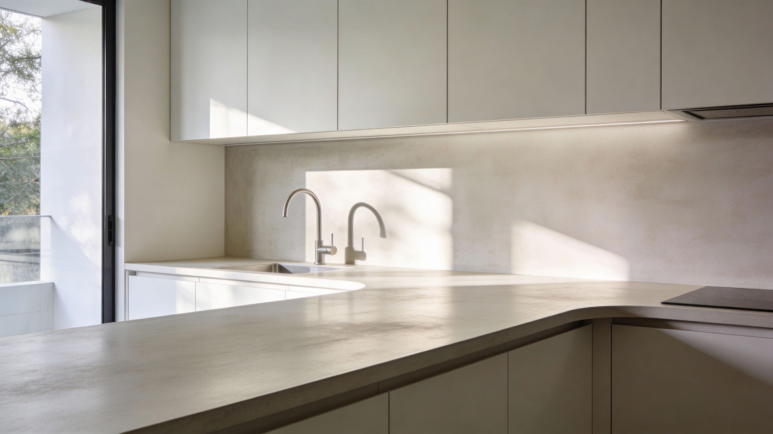 Moderne køkken med elegant epoxy bordplade, underskabsbelysning og minimalistisk design i en lys og rummelig bolig