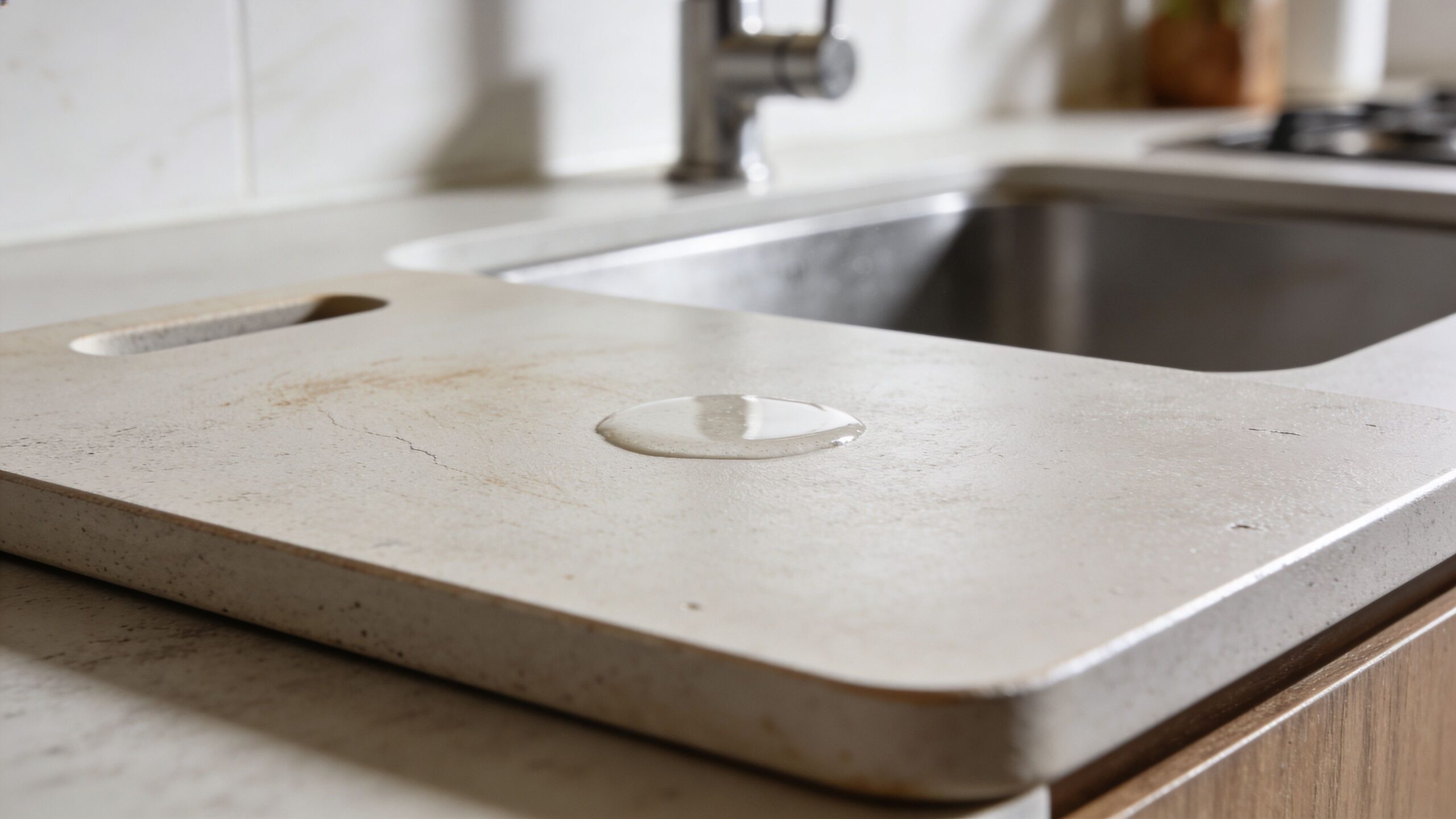 Et nærbillede af en epoxy køkkenbordplade med en vanddråbe på overfladen ved siden af en køkkenvask.