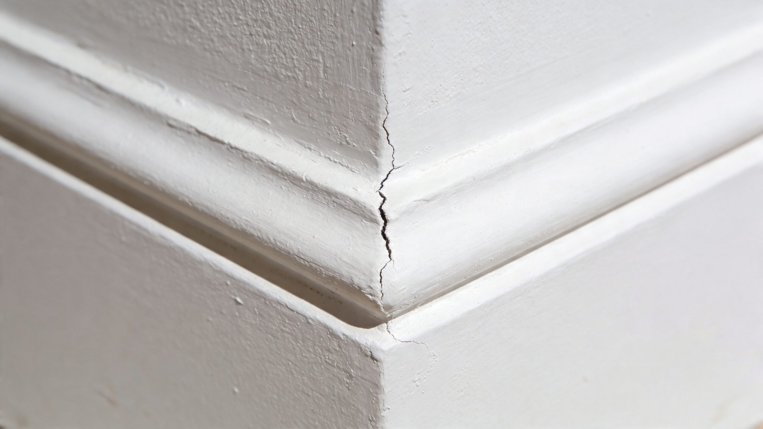 En synlig revne i et hvidmalet hjørne af en fodliste, der trænger til reparation og ny spartling.