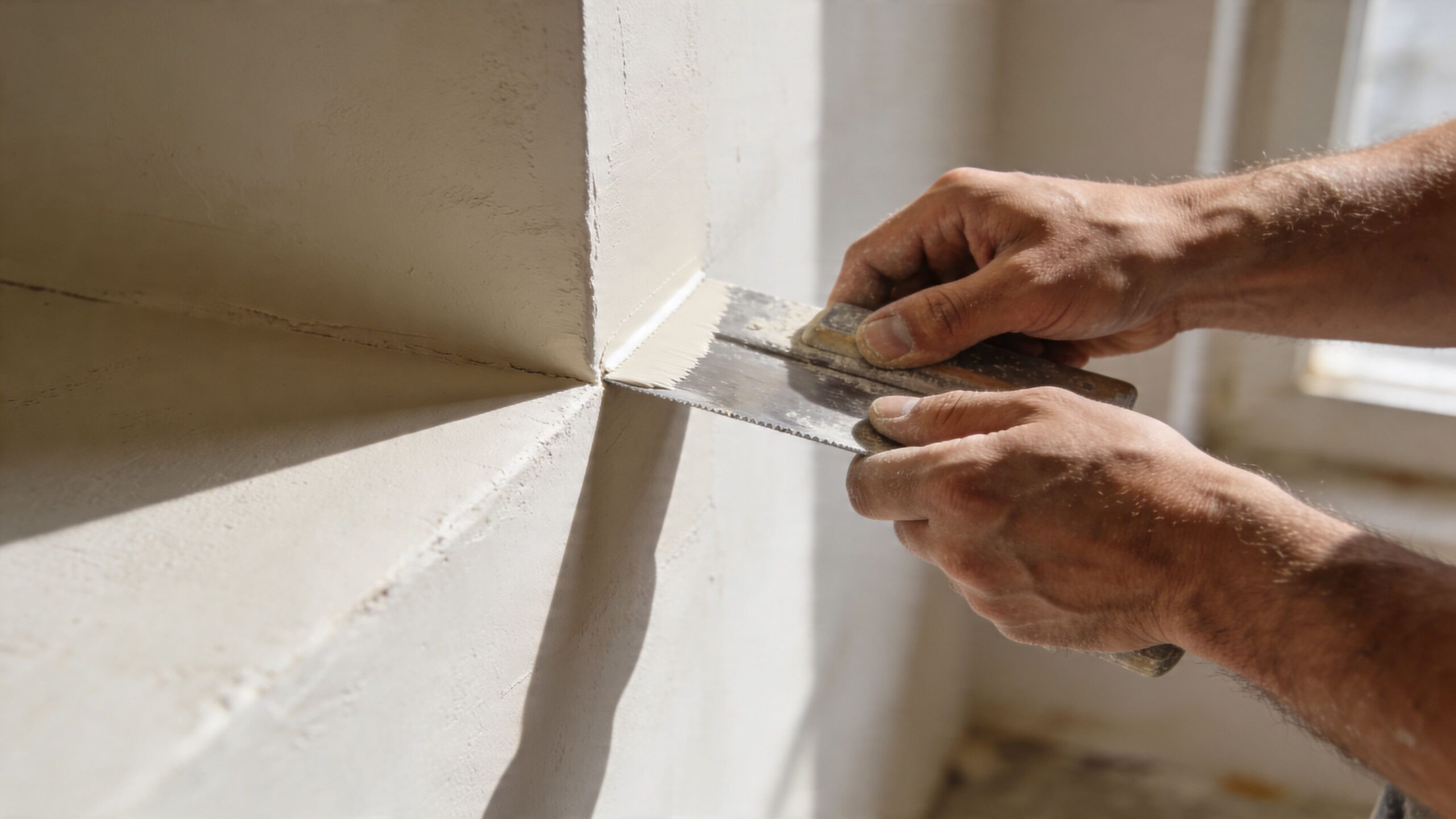 En håndværker spartler et indvendigt hjørne på en væg med en tandspartel for en jævn overflade.
