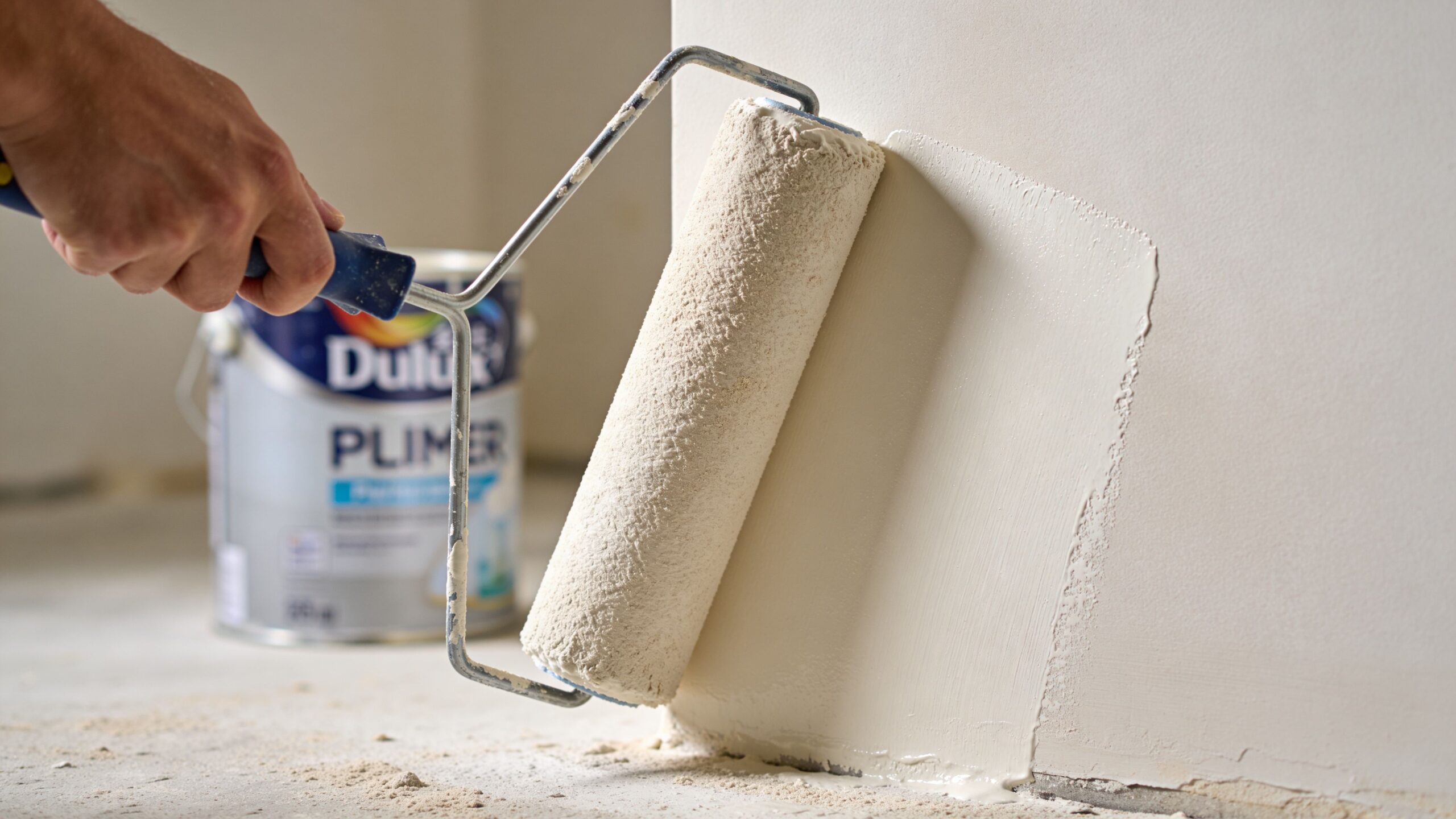 En malerulle påfører hvid primer på en gipsvæg i et nybygget rum med en malingsspand i baggrunden.