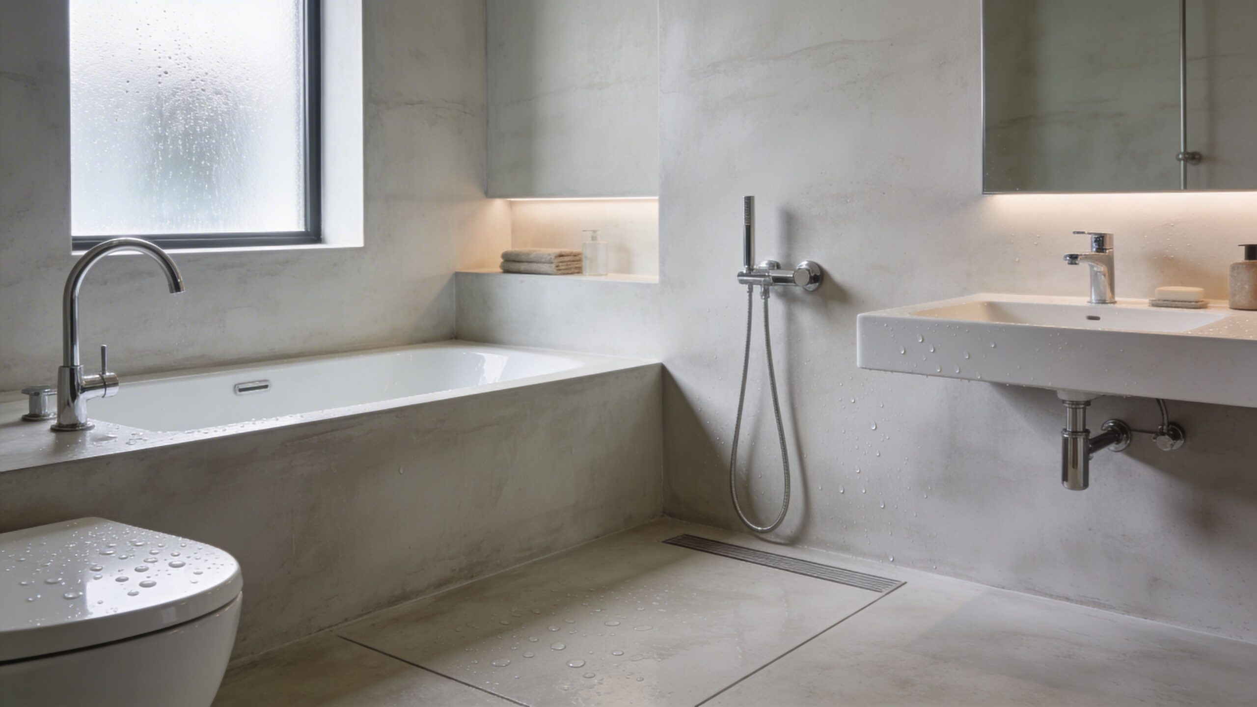 Moderne badeværelse med microcement på vægge og gulv, indbygget badekar, vask og stilfuld belysning i minimalistisk design.